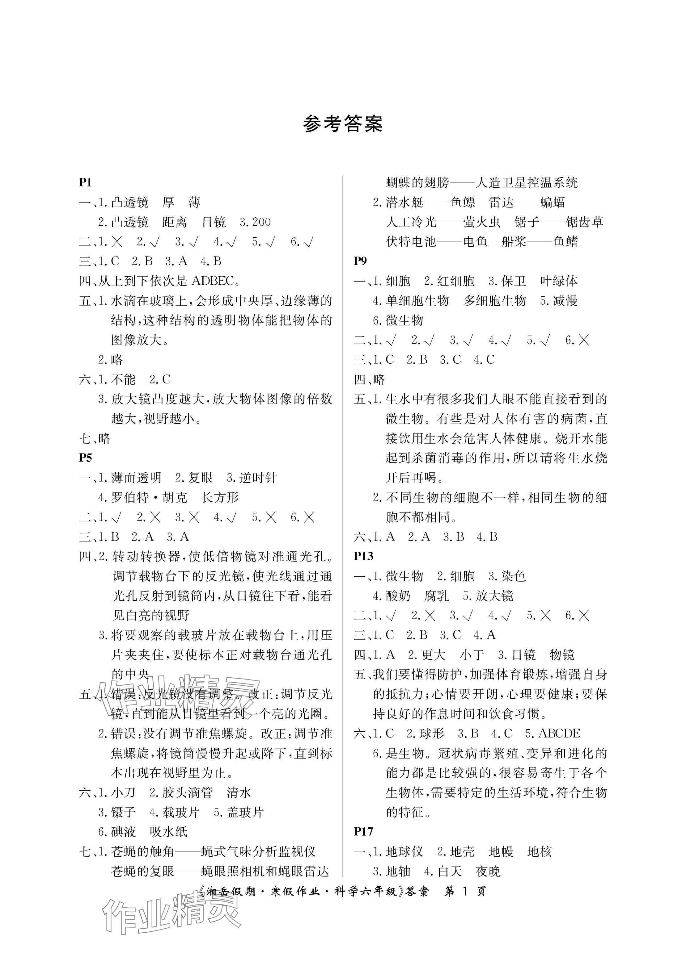 2025年湘岳假期寒假作業(yè)六年級科學(xué)教科版第五版 參考答案第1頁