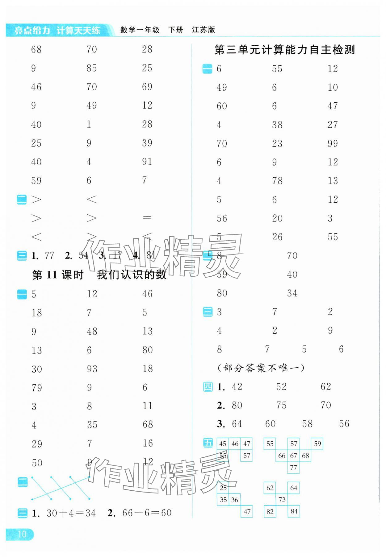 2024年亮點(diǎn)給力計(jì)算天天練一年級數(shù)學(xué)下冊蘇教版 第10頁