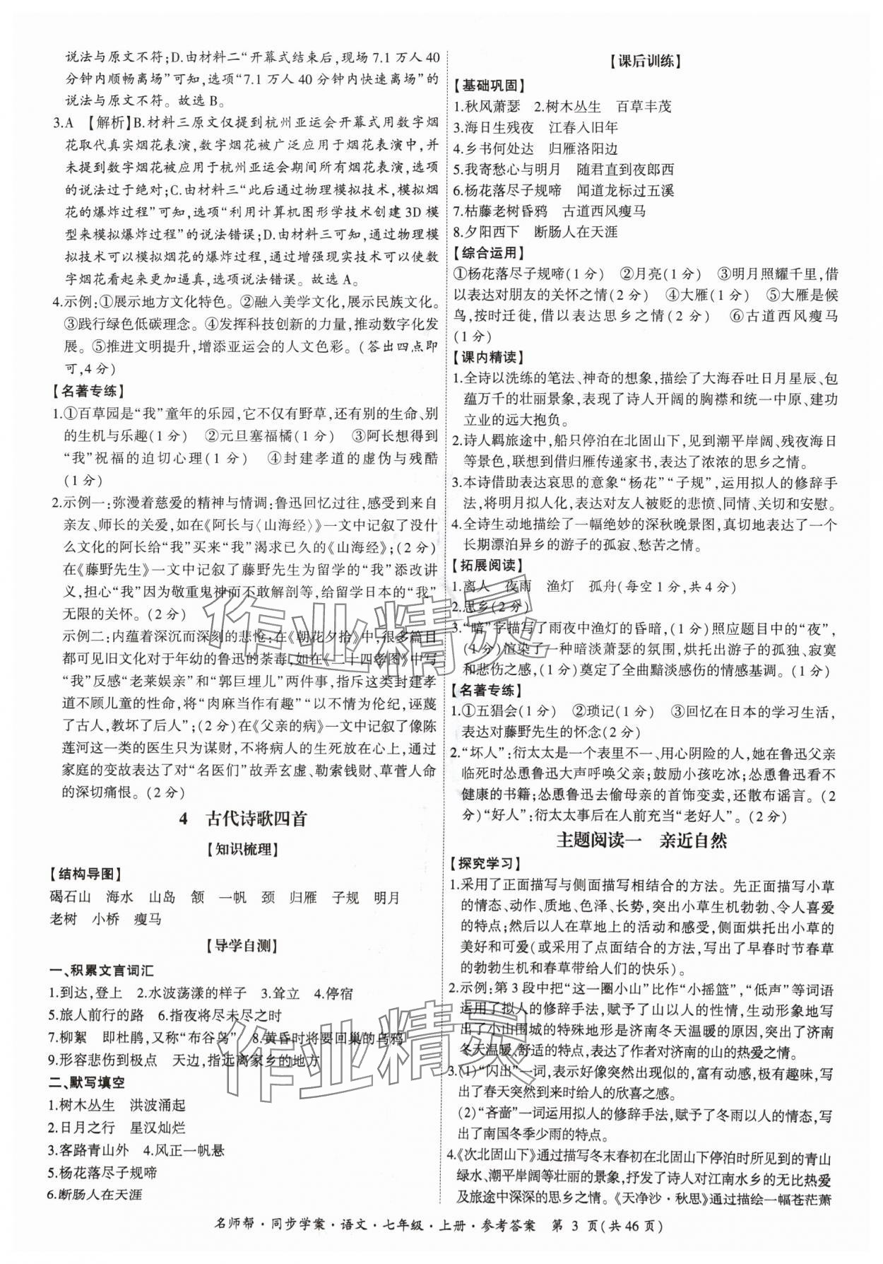 2024年名師幫同步學(xué)案七年級(jí)語(yǔ)文上冊(cè)人教版 參考答案第3頁(yè)