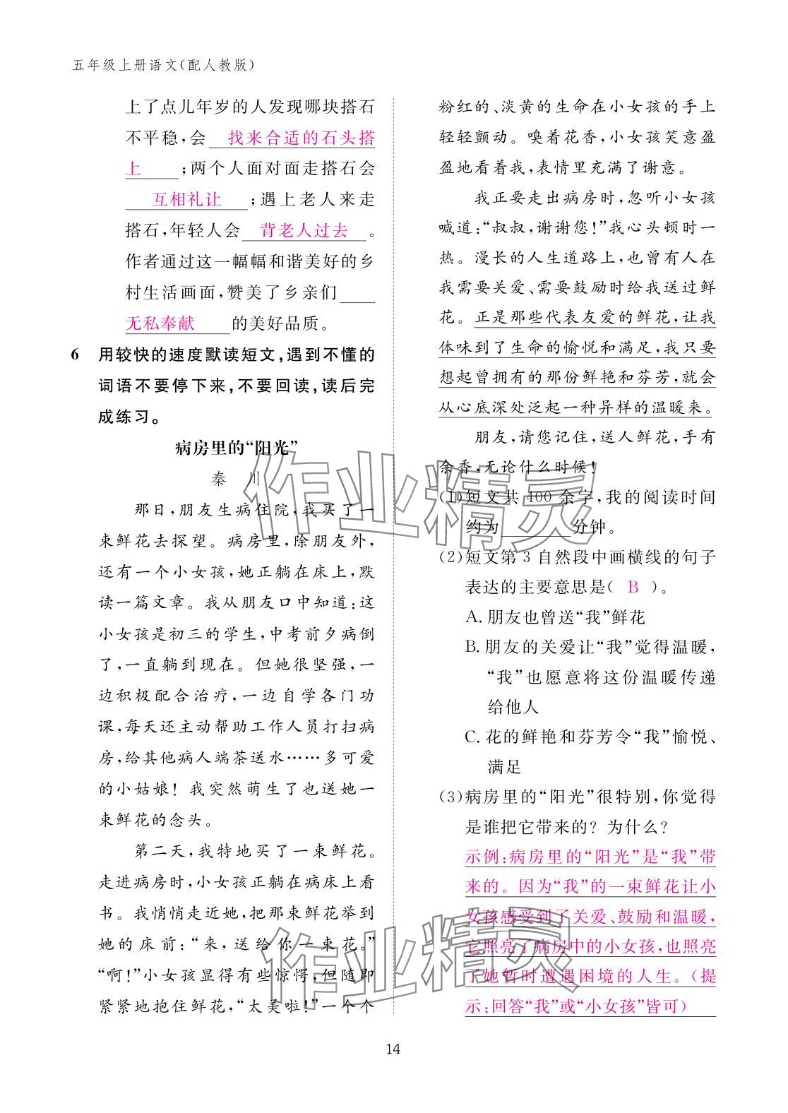 2025年作業本江西教育出版社五年級語文上冊人教版&nbsp;參考答案第14頁