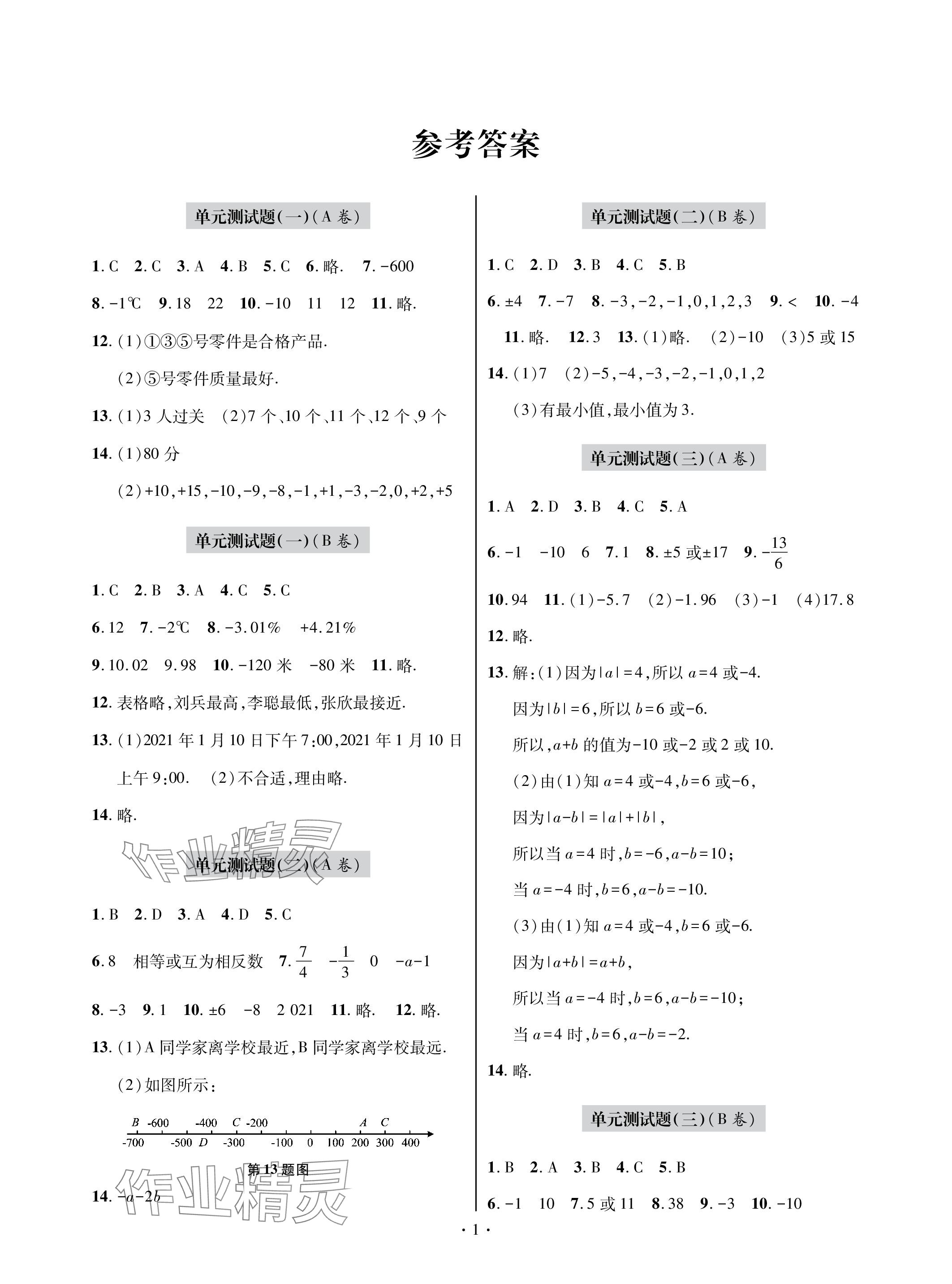 2023年單元自測(cè)試卷青島出版社七年級(jí)數(shù)學(xué)上冊(cè)人教版 參考答案第1頁(yè)