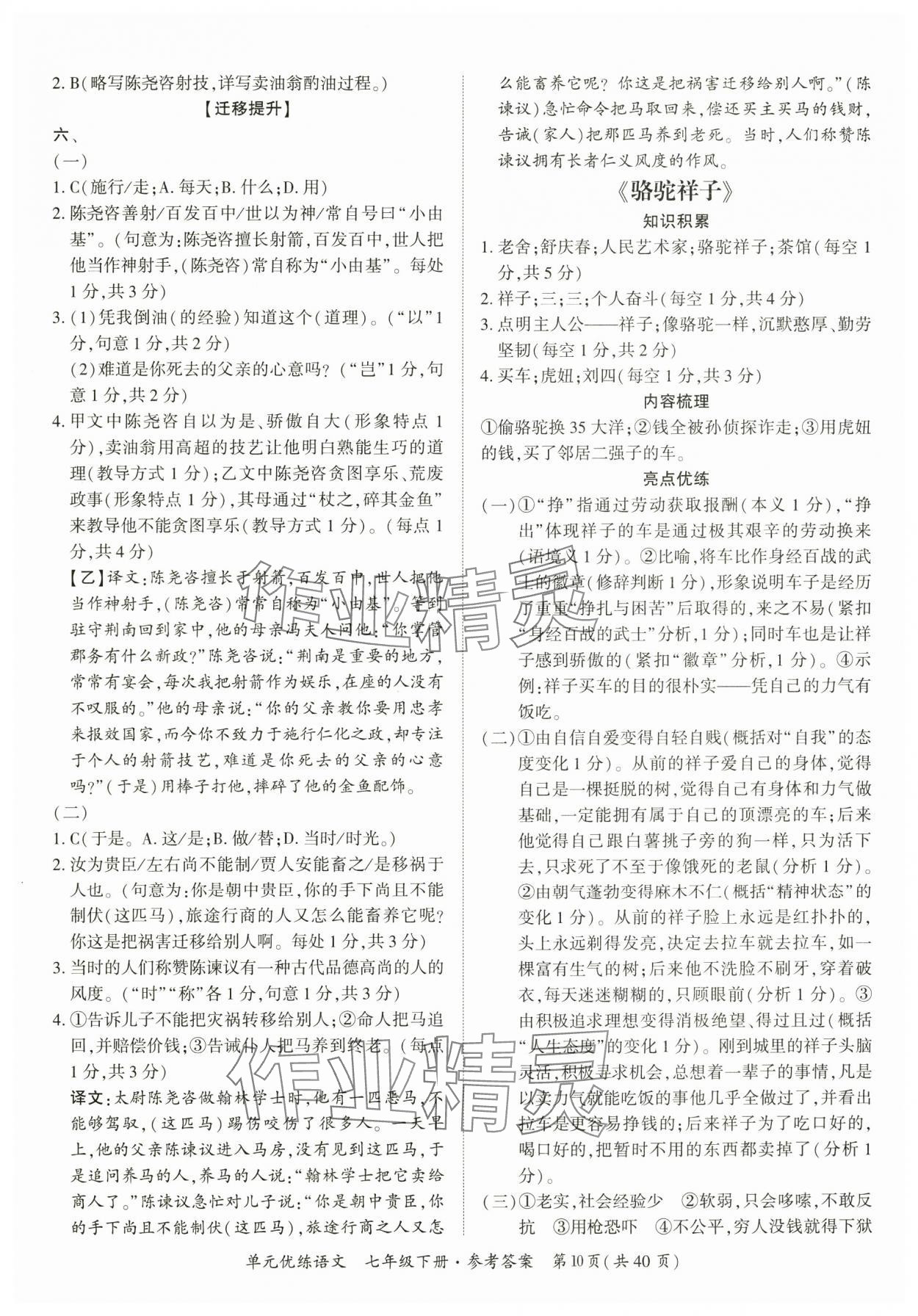 2025年單元優練七年級語文下冊人教版廣州專版 參考答案第10頁