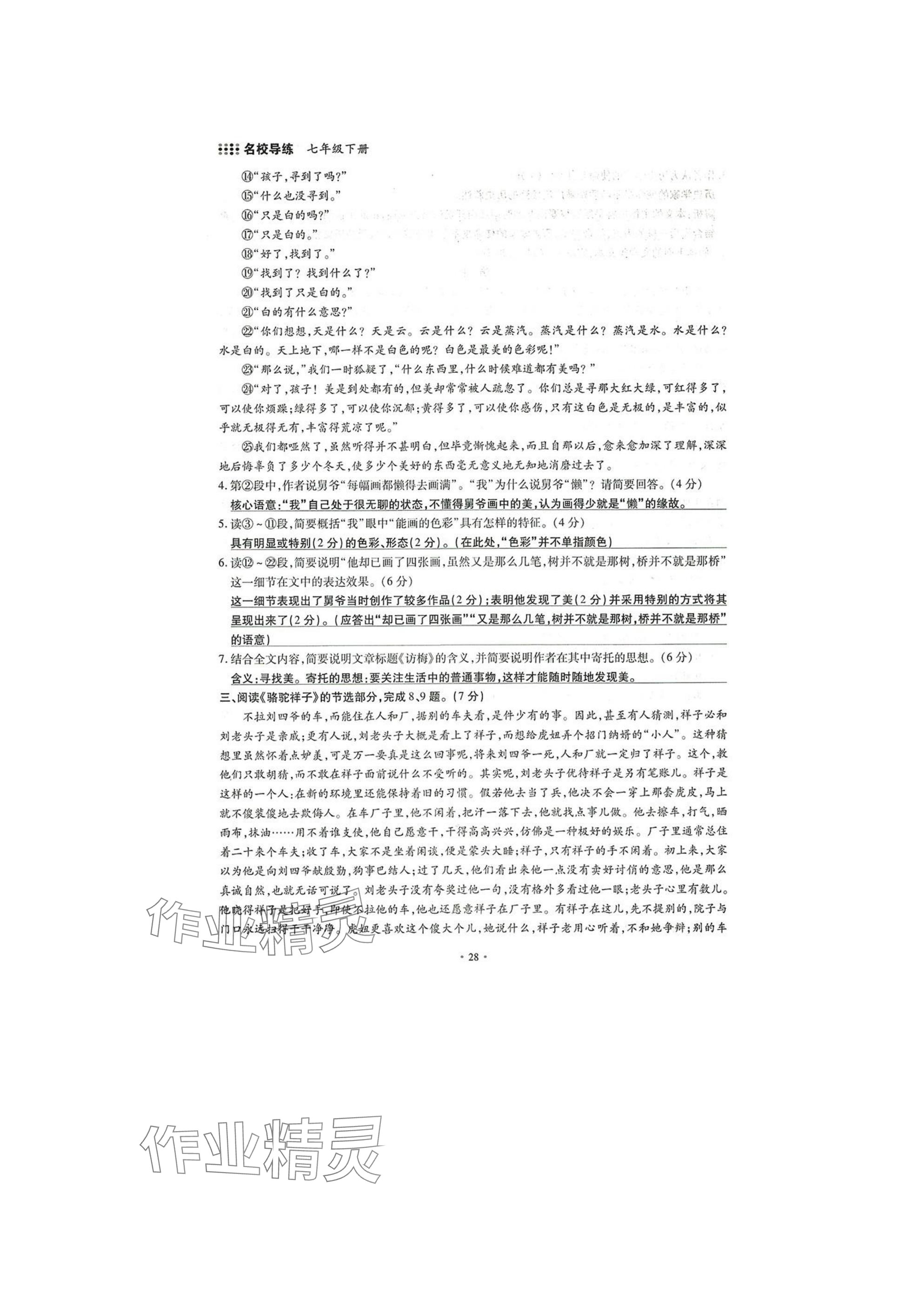2025年名校导练七年级语文下册人教版 参考答案第28页