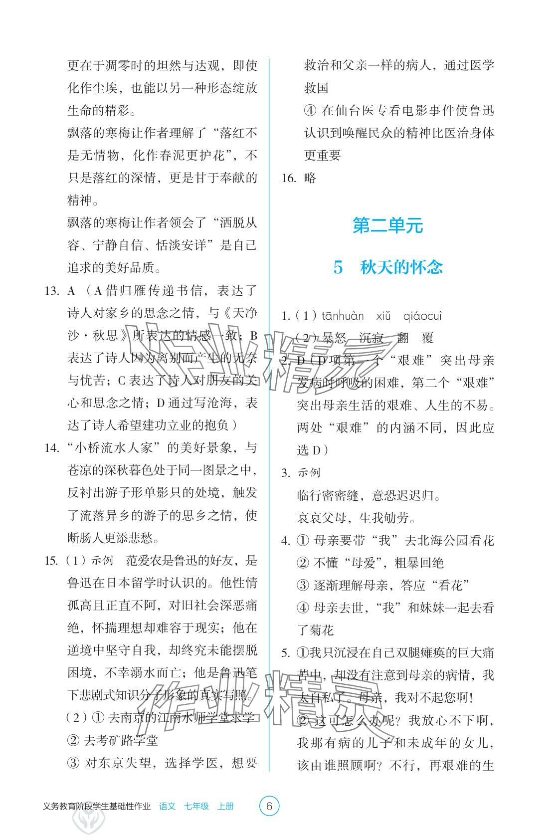 2025年學生基礎性作業七年級語文上冊人教版 參考答案第6頁