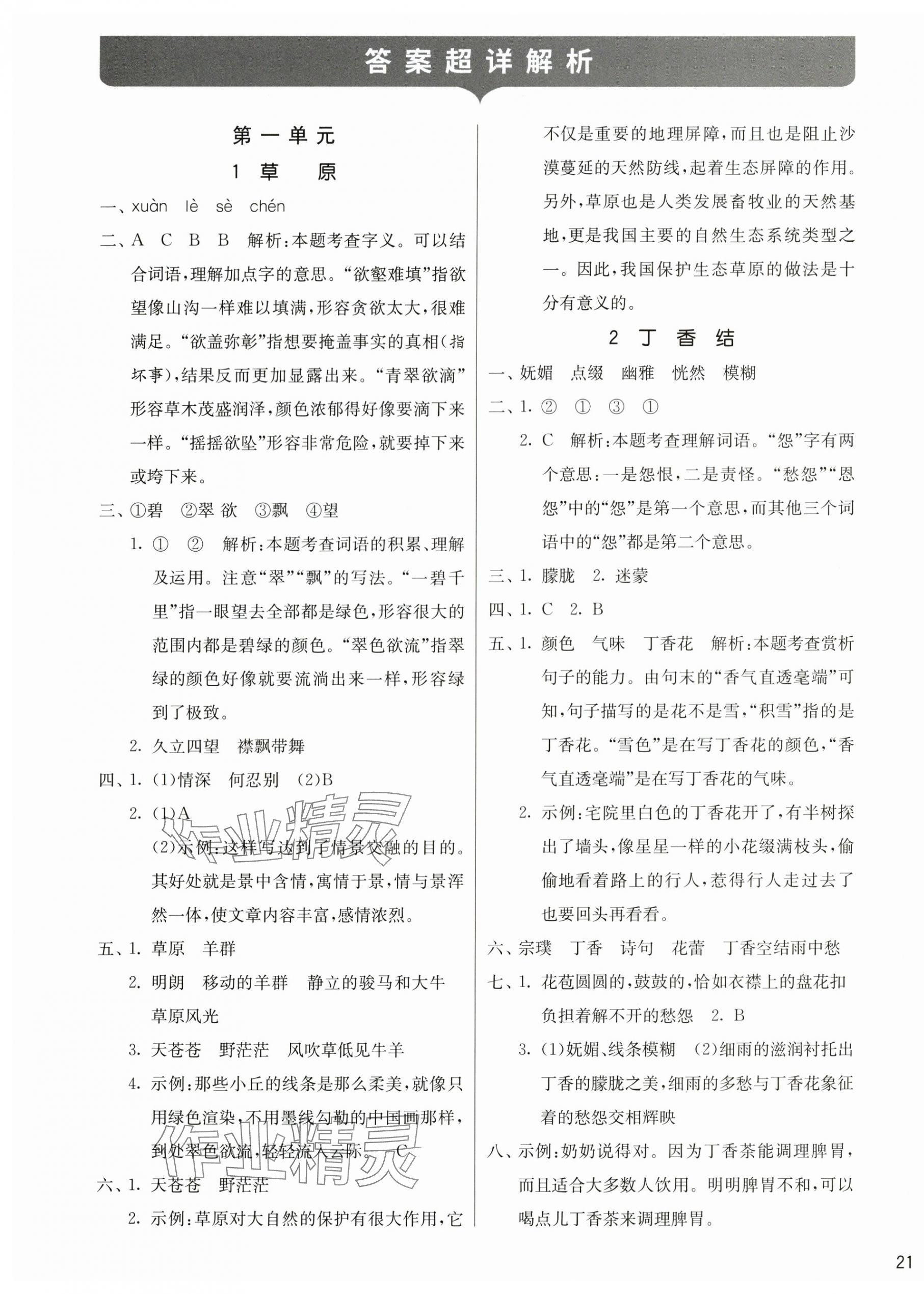 2025年课时训练江苏人民出版社六年级语文上册人教版 参考答案第1页