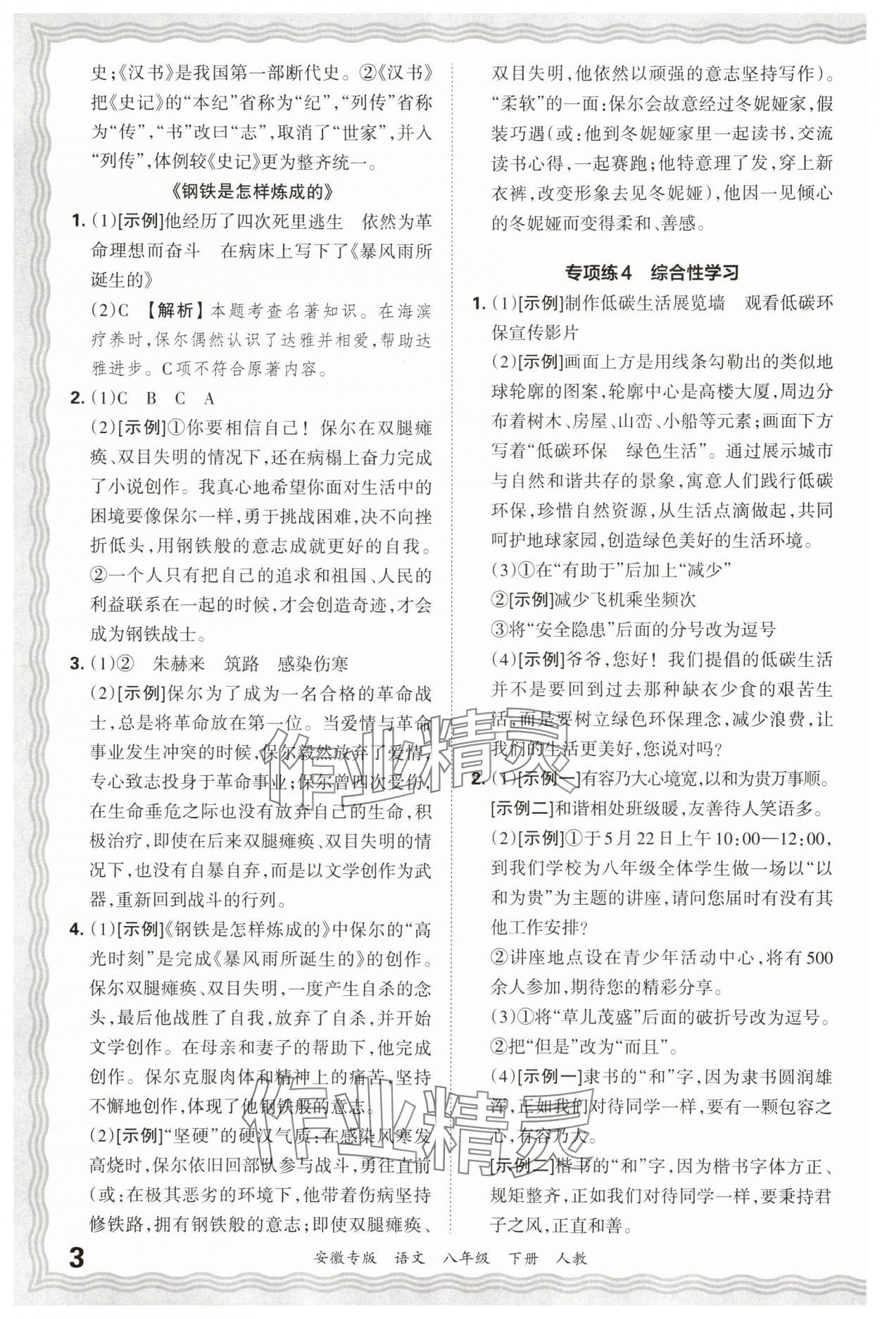 2025年王朝霞各地期末试卷精选八年级语文下册人教版安徽专版 参考答案第3页