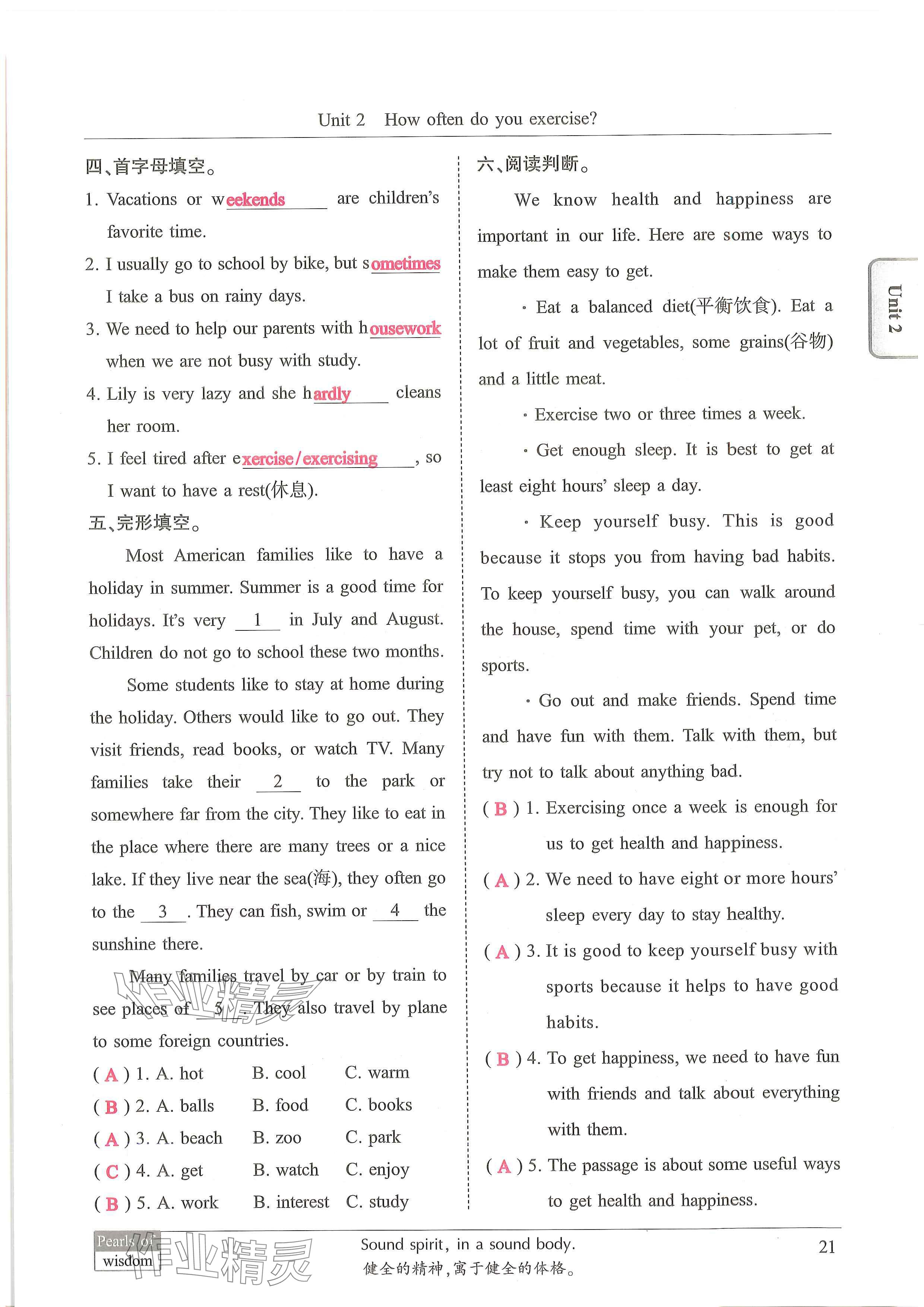 2024年新视界初中英语八年级英语上册人教版 参考答案第41页