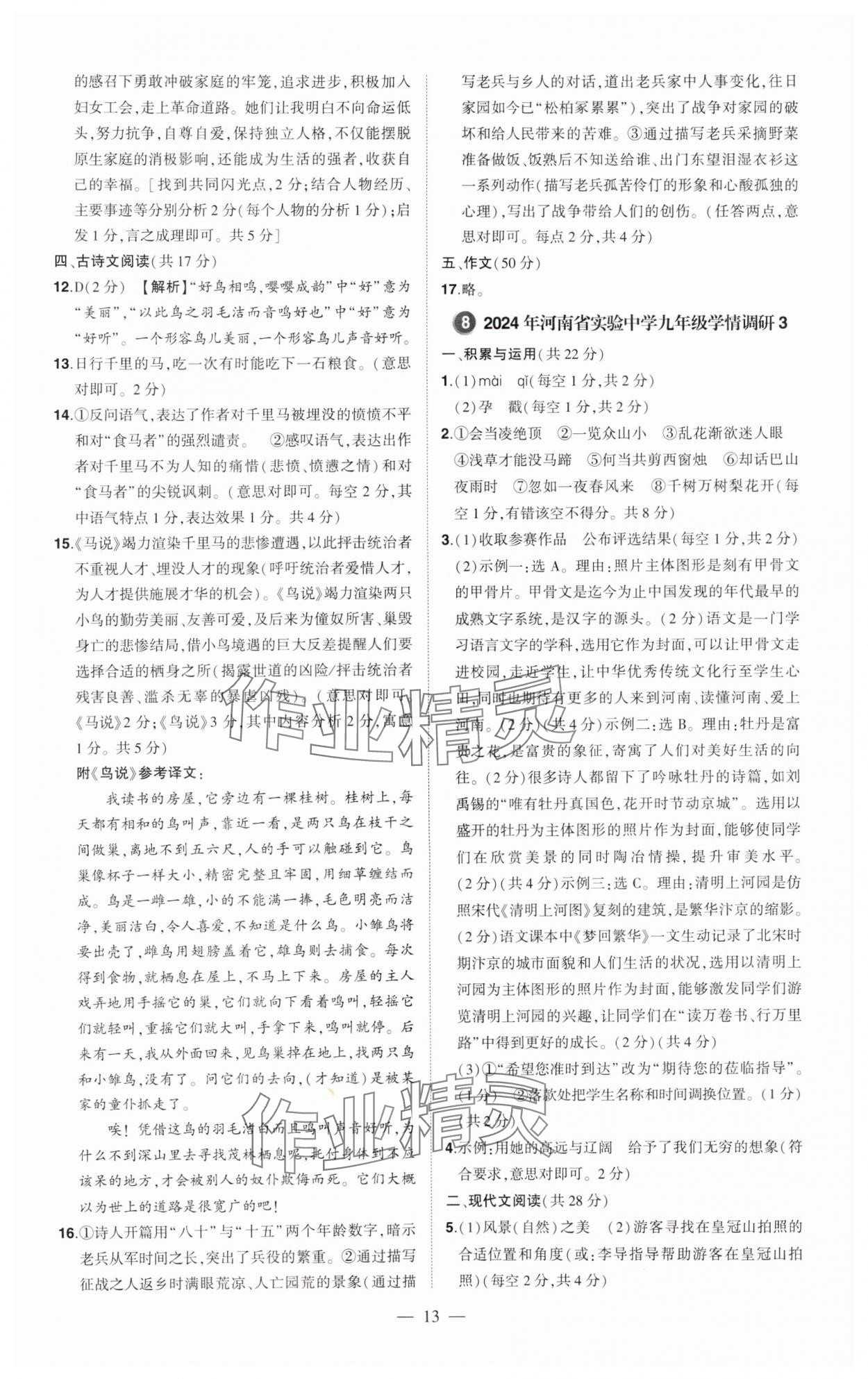 2025年优学教育河南中考试题精编语文 参考答案第13页