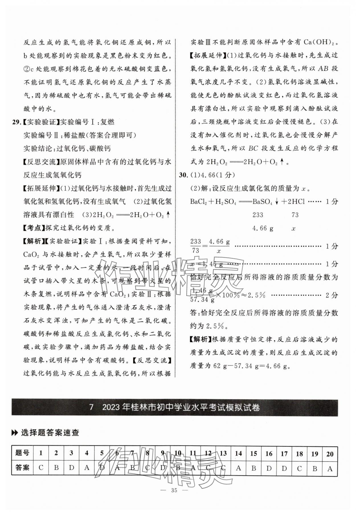 2024年中考备考指南广西2年真题1年模拟试卷化学中考广西专版&nbsp;参考答案第34页