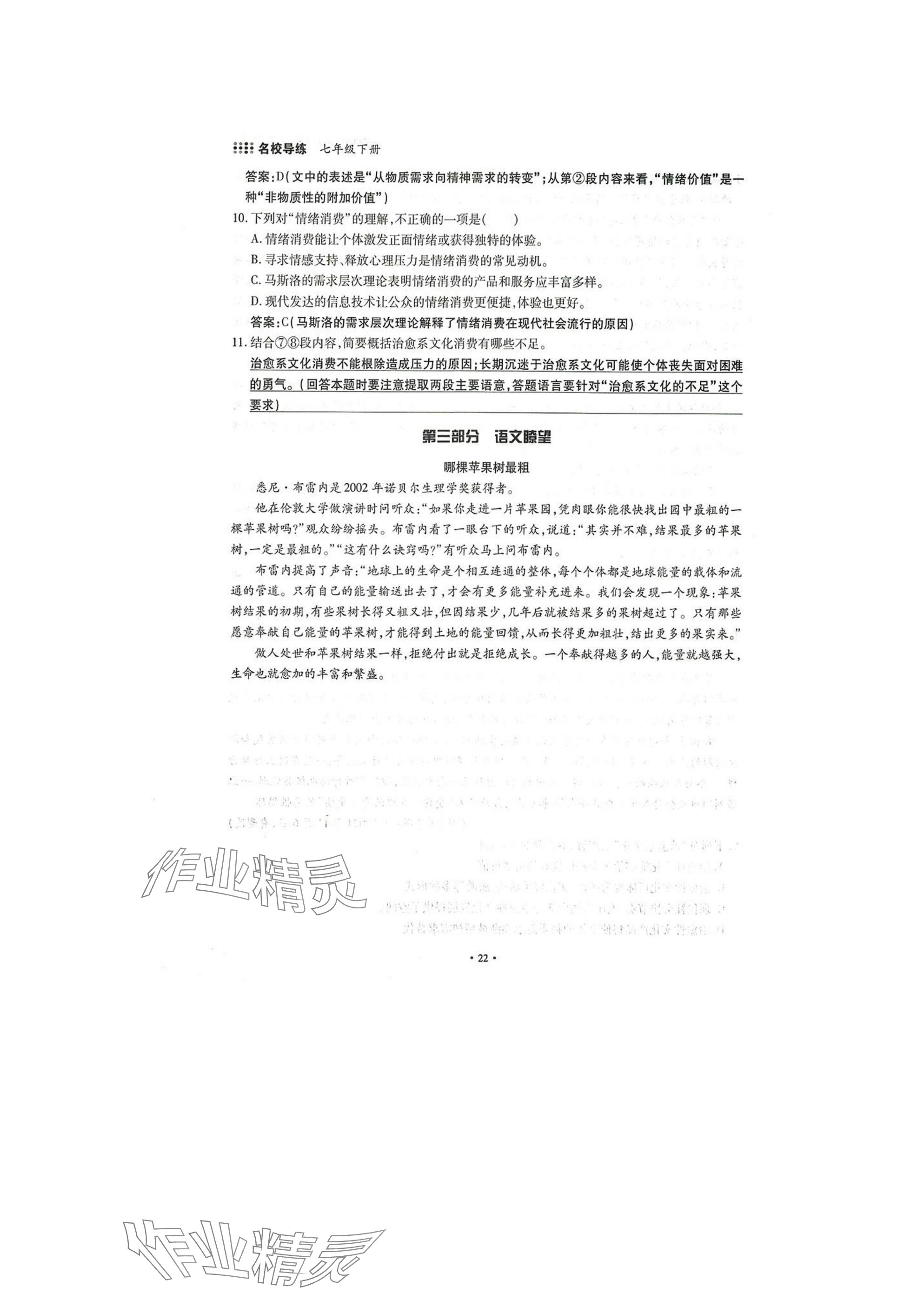 2025年名校导练七年级语文下册人教版 参考答案第22页