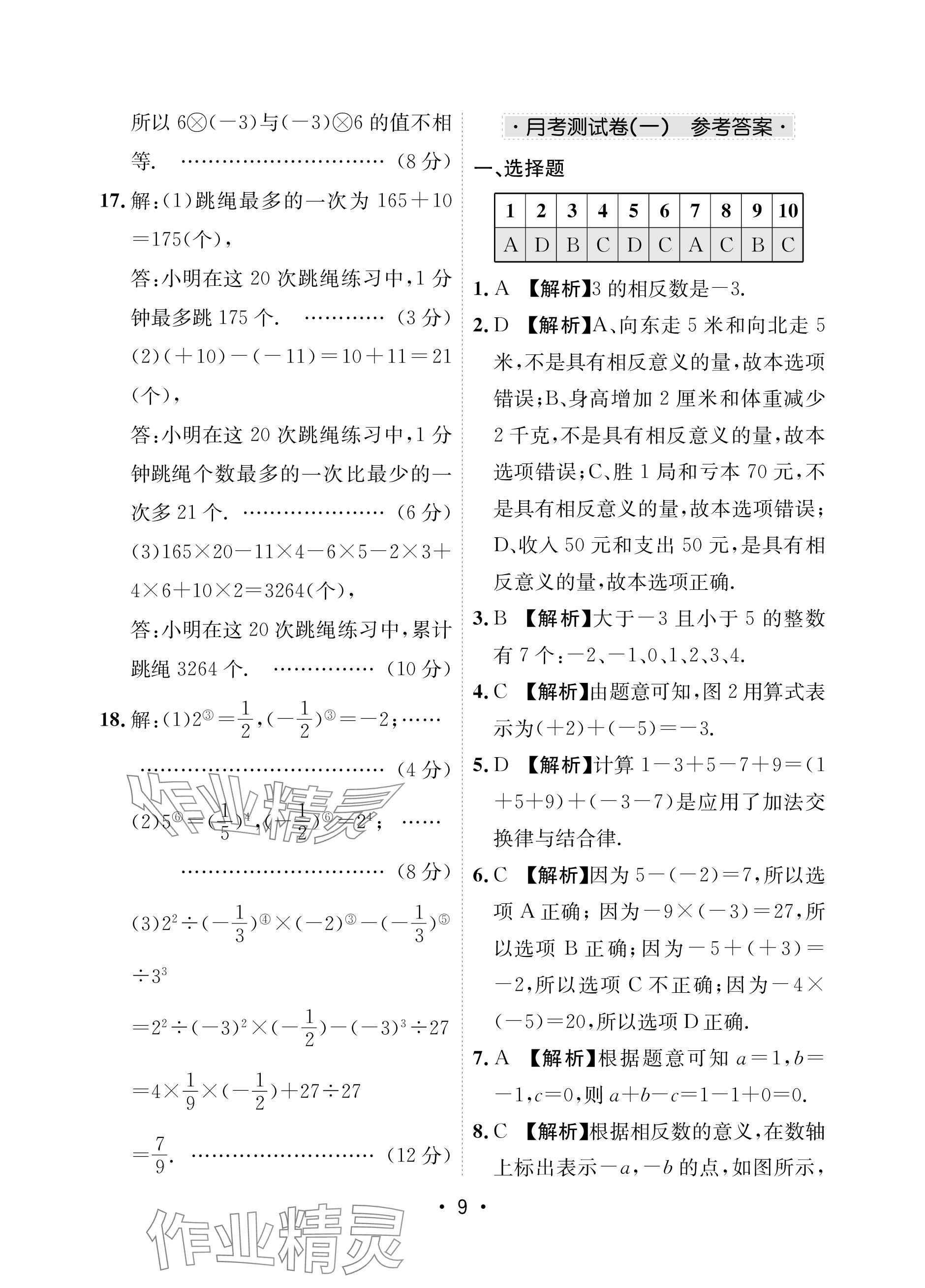 2023年卷霸初中同步測試卷七年級數(shù)學(xué)上冊人教版 參考答案第9頁