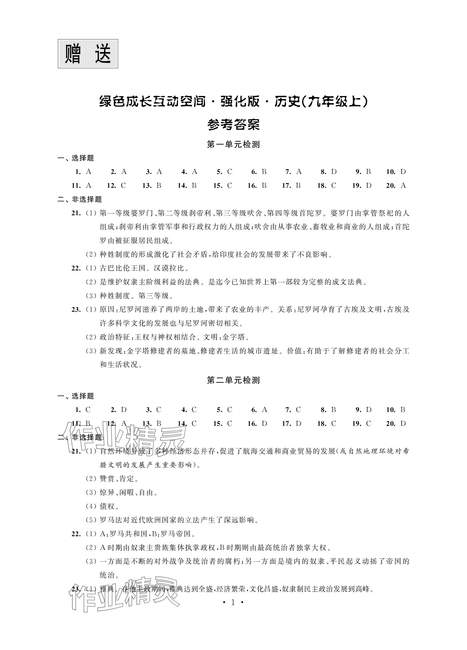 2023年綠色成長互動空間配套練習九年級歷史上冊人教版 參考答案第1頁