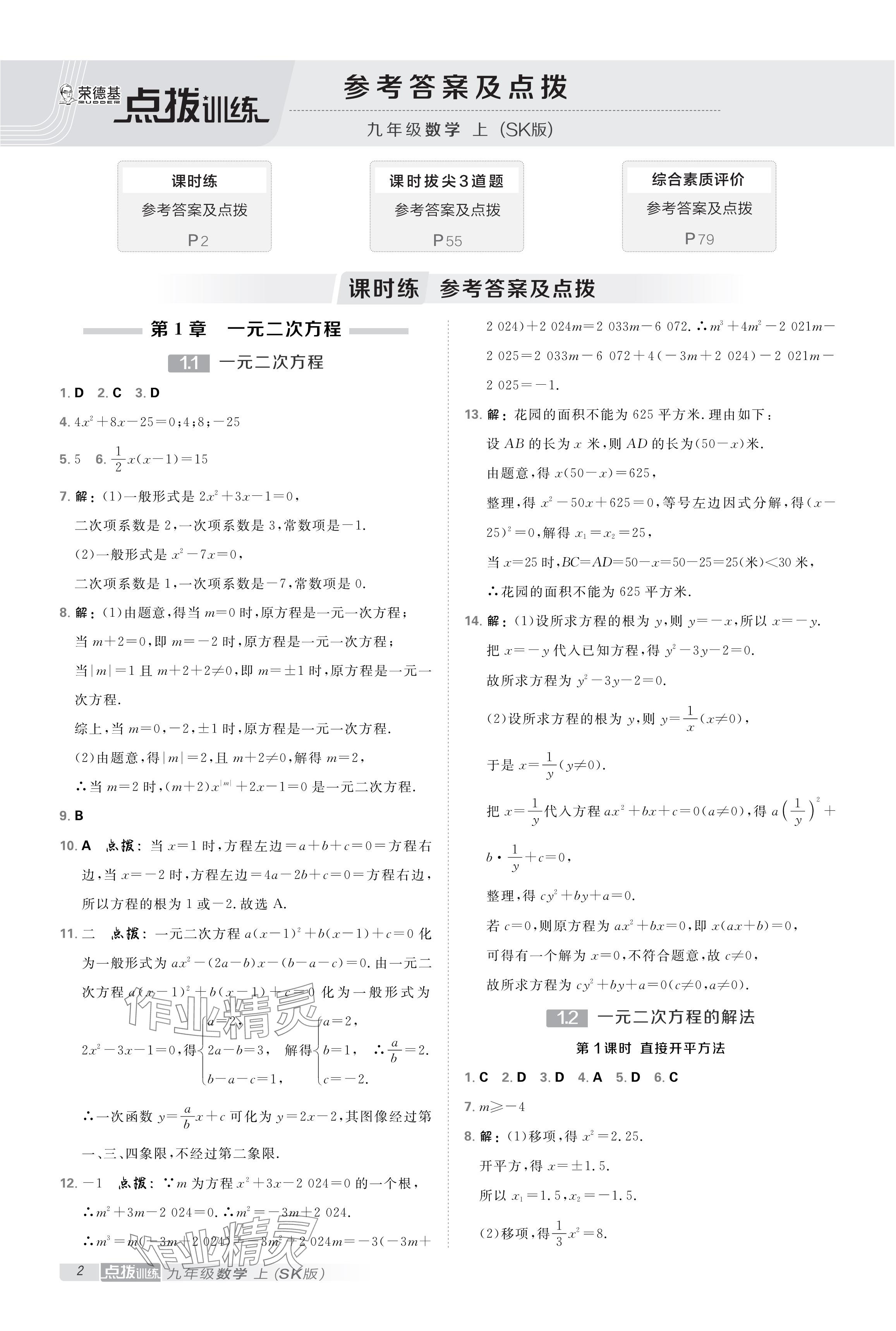 2024年點(diǎn)撥訓(xùn)練九年級數(shù)學(xué)上冊蘇科版 參考答案第1頁