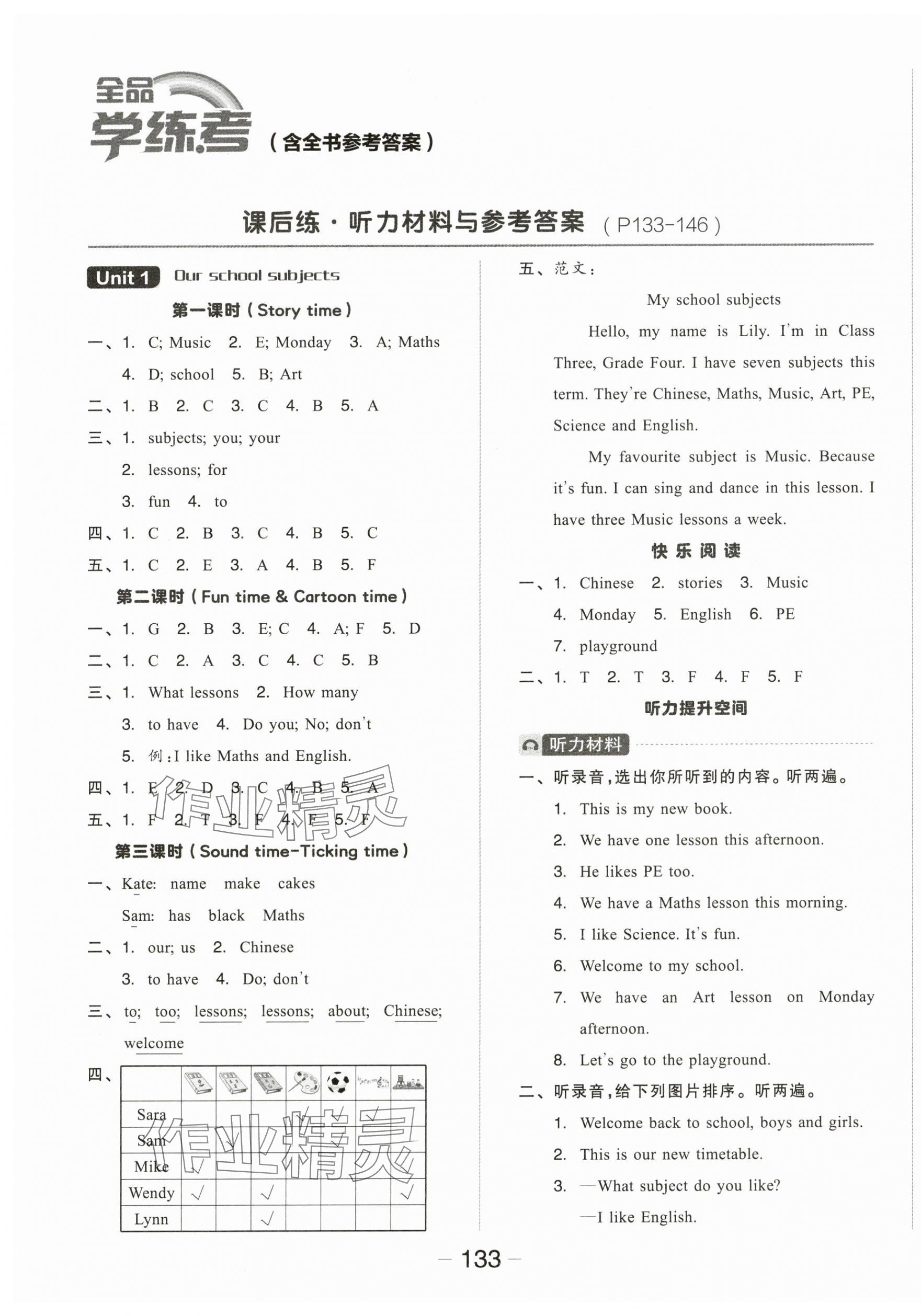 2024年全品學練考四年級英語下冊譯林版 參考答案第1頁