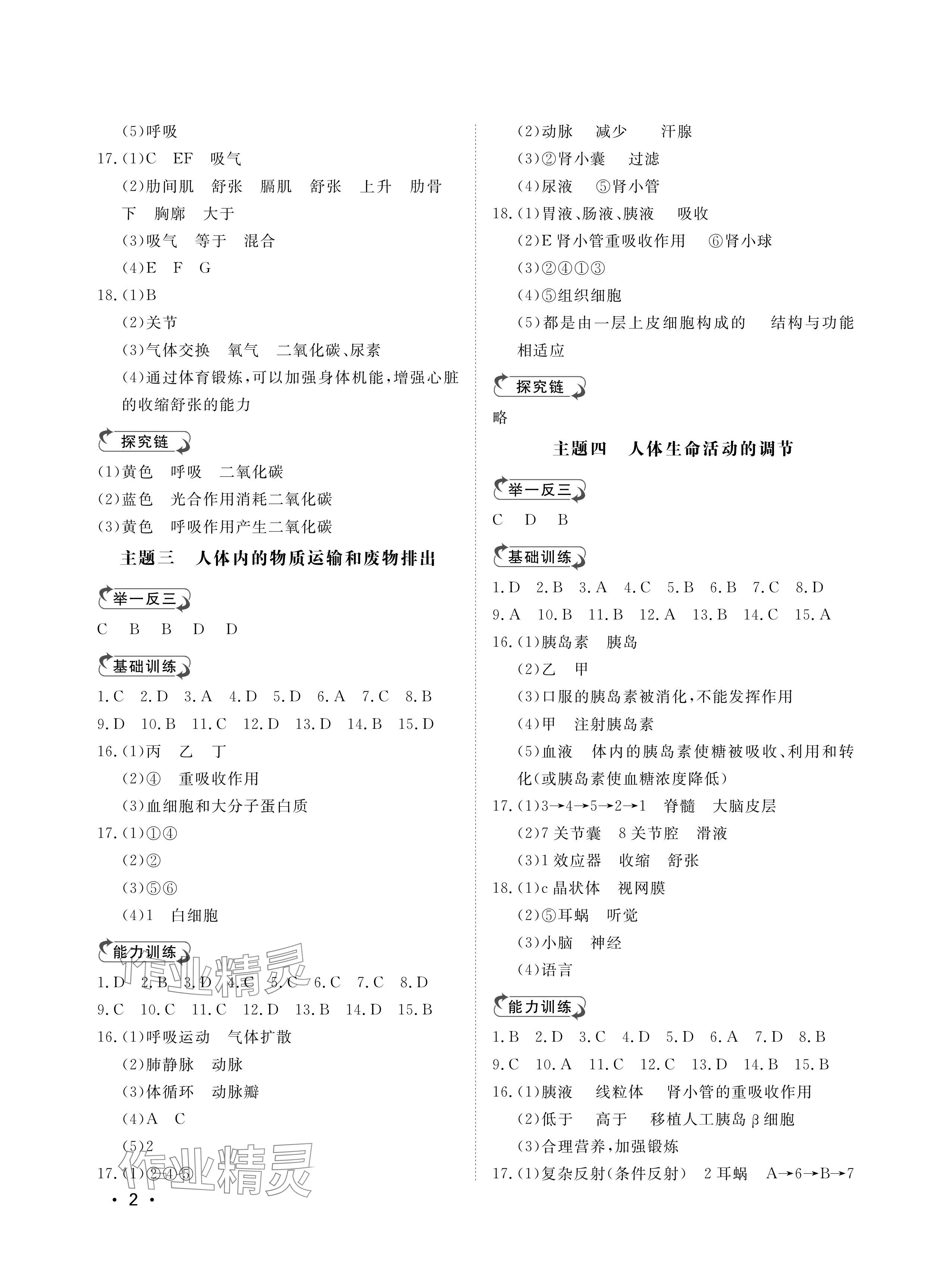 2024年行知天下七年級生物下冊濟南版 參考答案第2頁