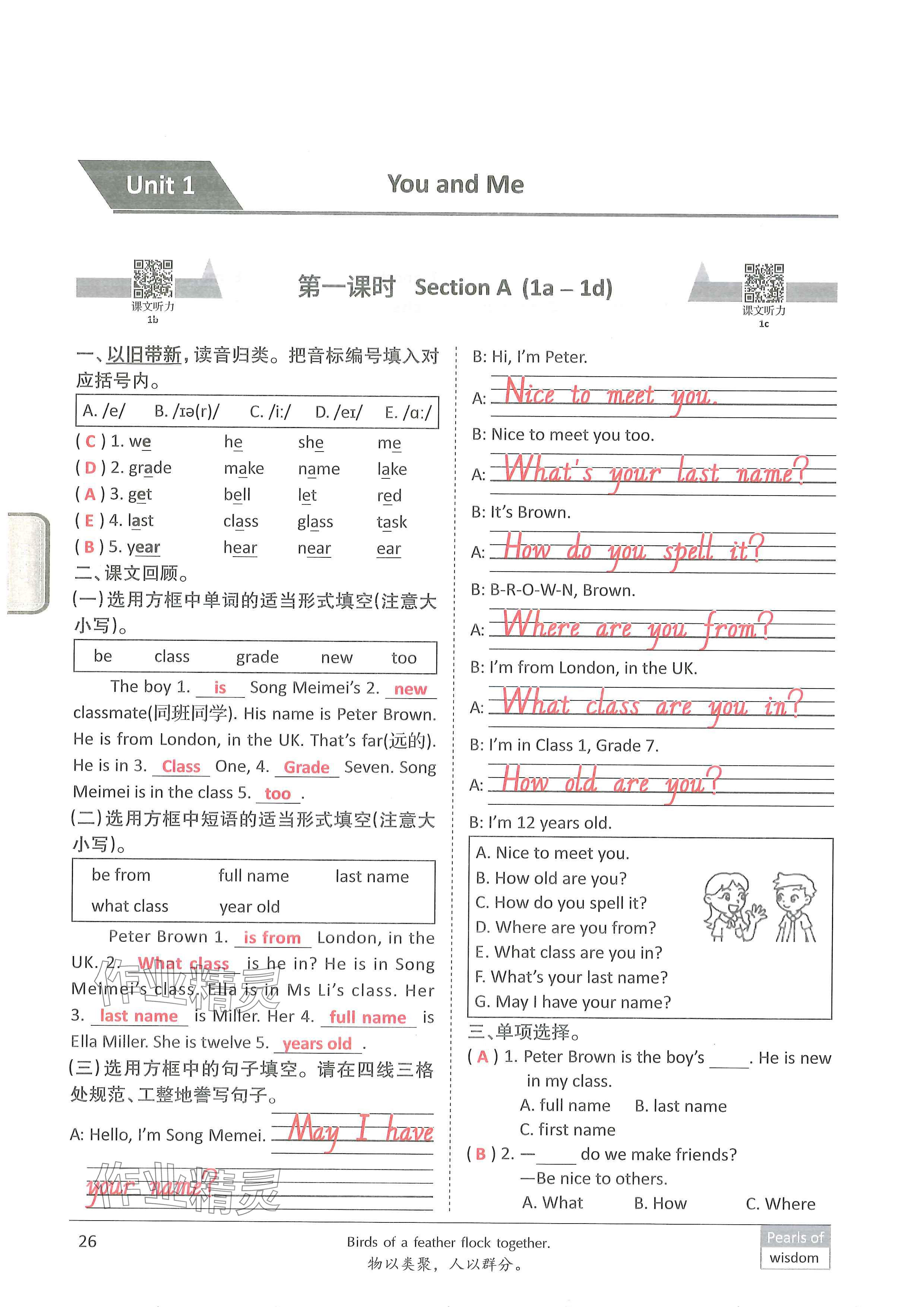 2024年新视界单元复习七年级英语上册人教版&nbsp;参考答案第25页
