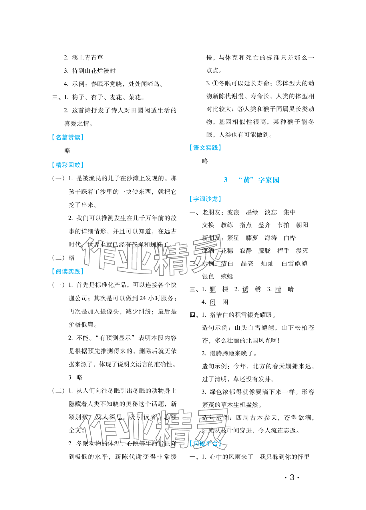 2024年七彩假期河北少年兒童出版社四年級語文&nbsp;參考答案第3頁