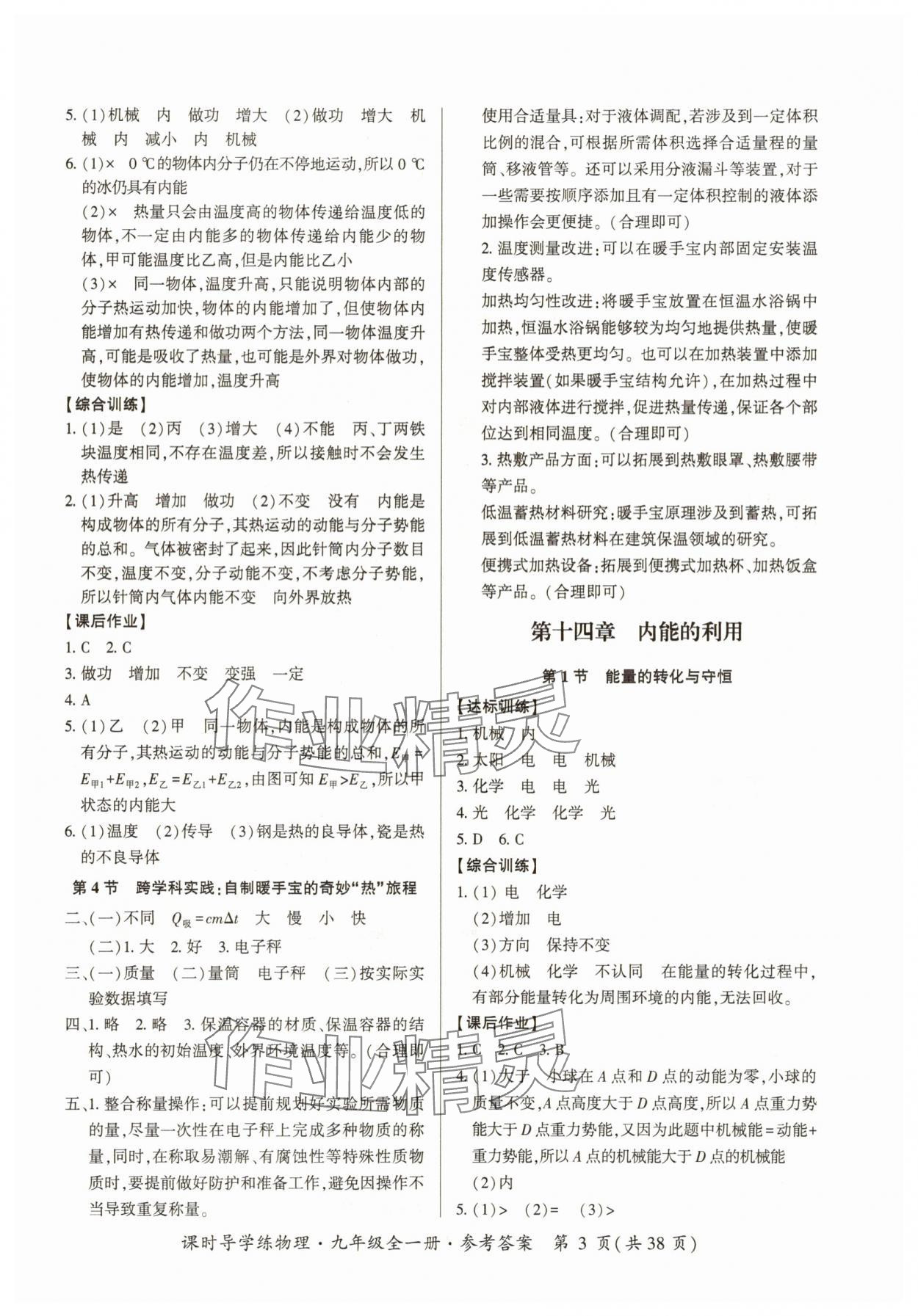 2025年课时导学练九年级物理全一册人教版&nbsp;参考答案第3页
