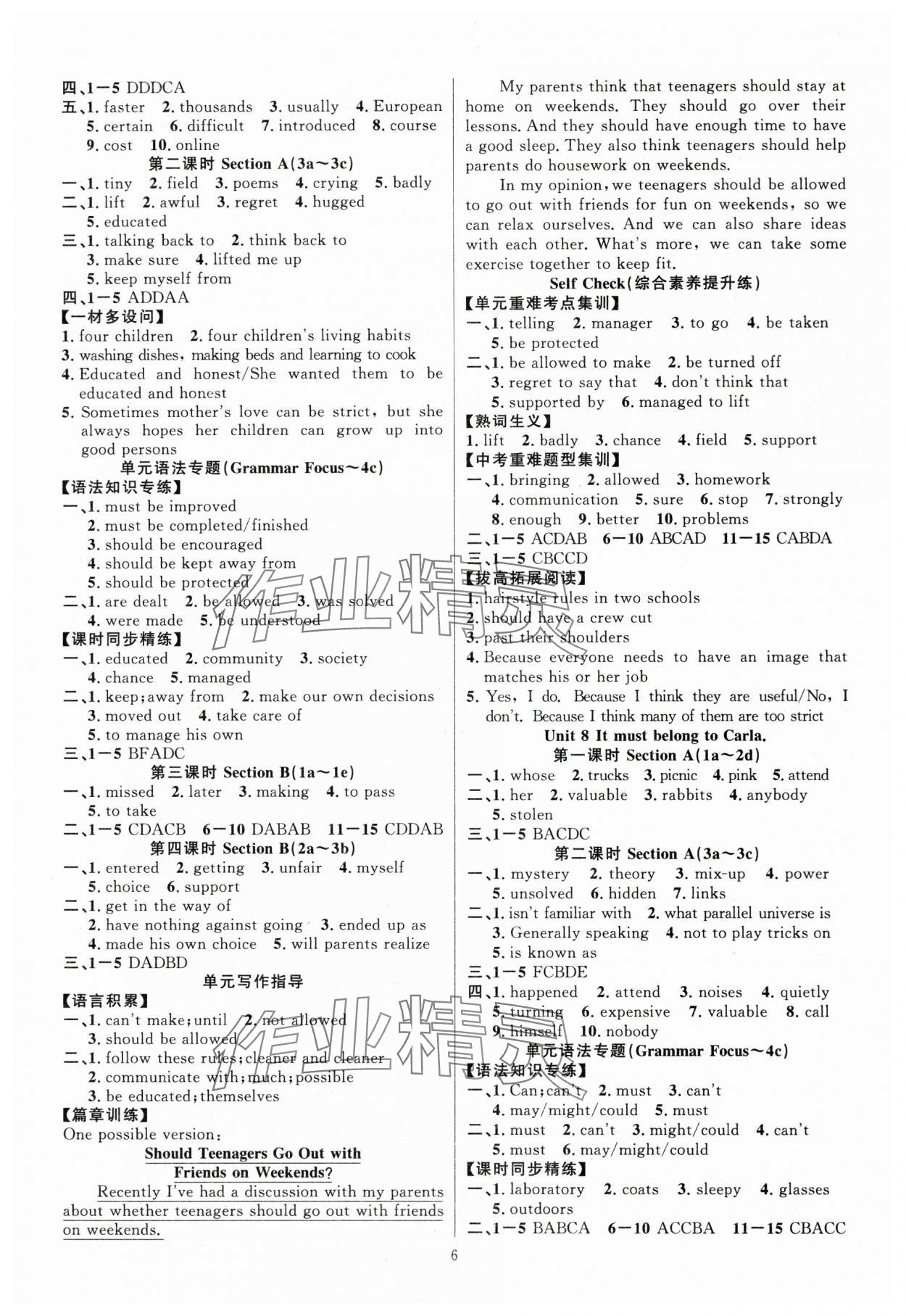 2025年课时夺冠九年级英语上册人教版湖北专版 参考答案第6页