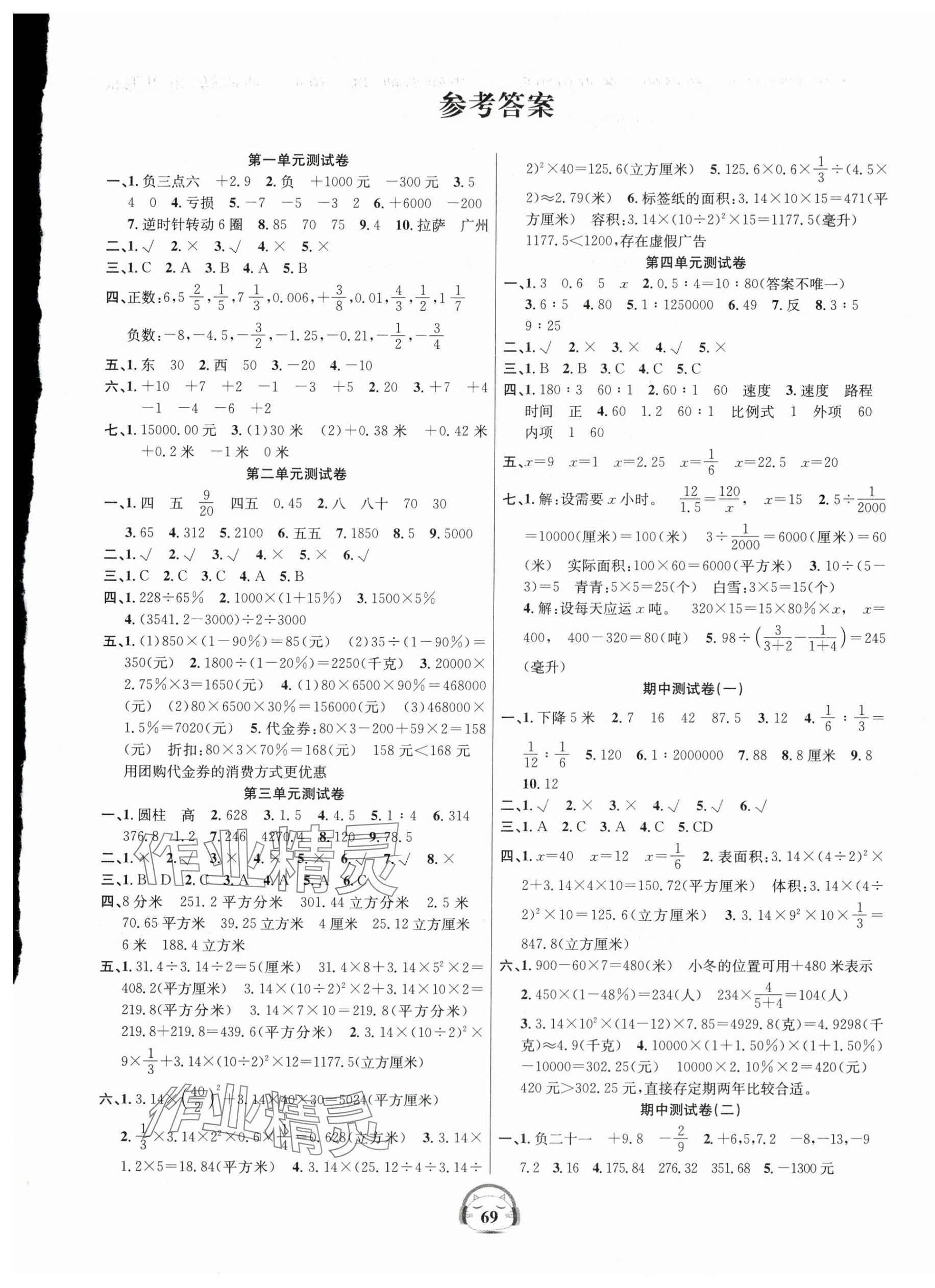 2024年品優(yōu)好卷單元加期末卷六年級(jí)數(shù)學(xué)下冊(cè)人教版 參考答案第1頁(yè)