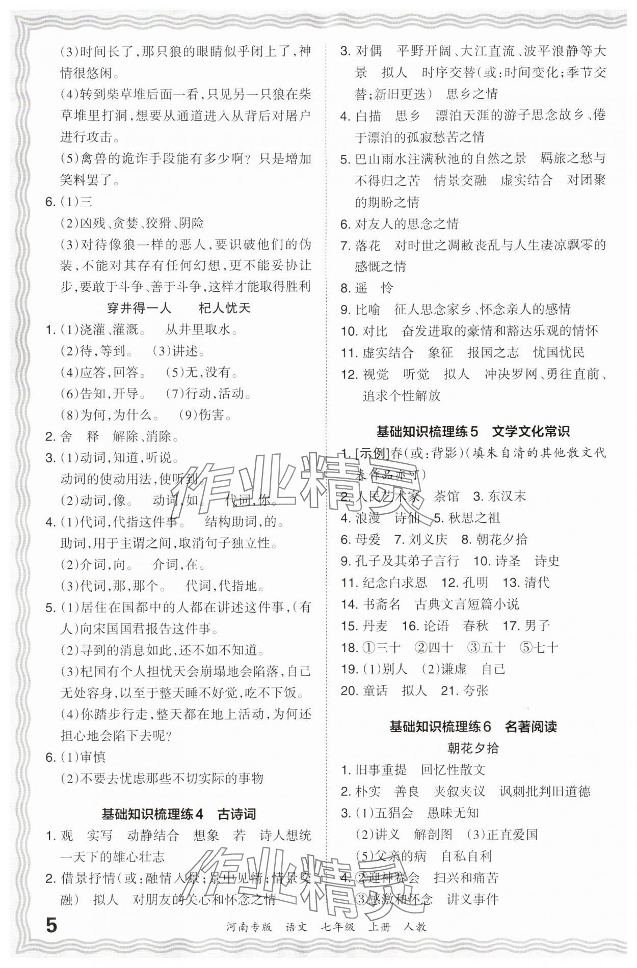 2023年王朝霞各地期末试卷精选七年级语文上册人教版河南专版 参考答案第5页