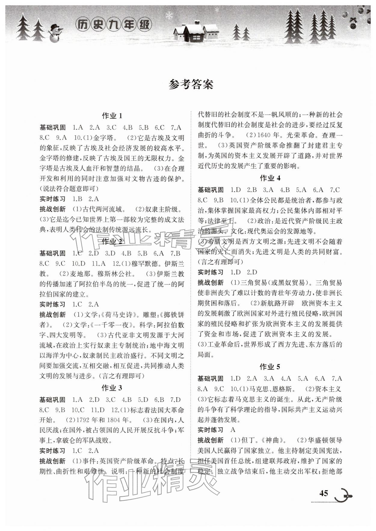 2026年寒假作业湖南教育出版社九年级历史&nbsp;第1页