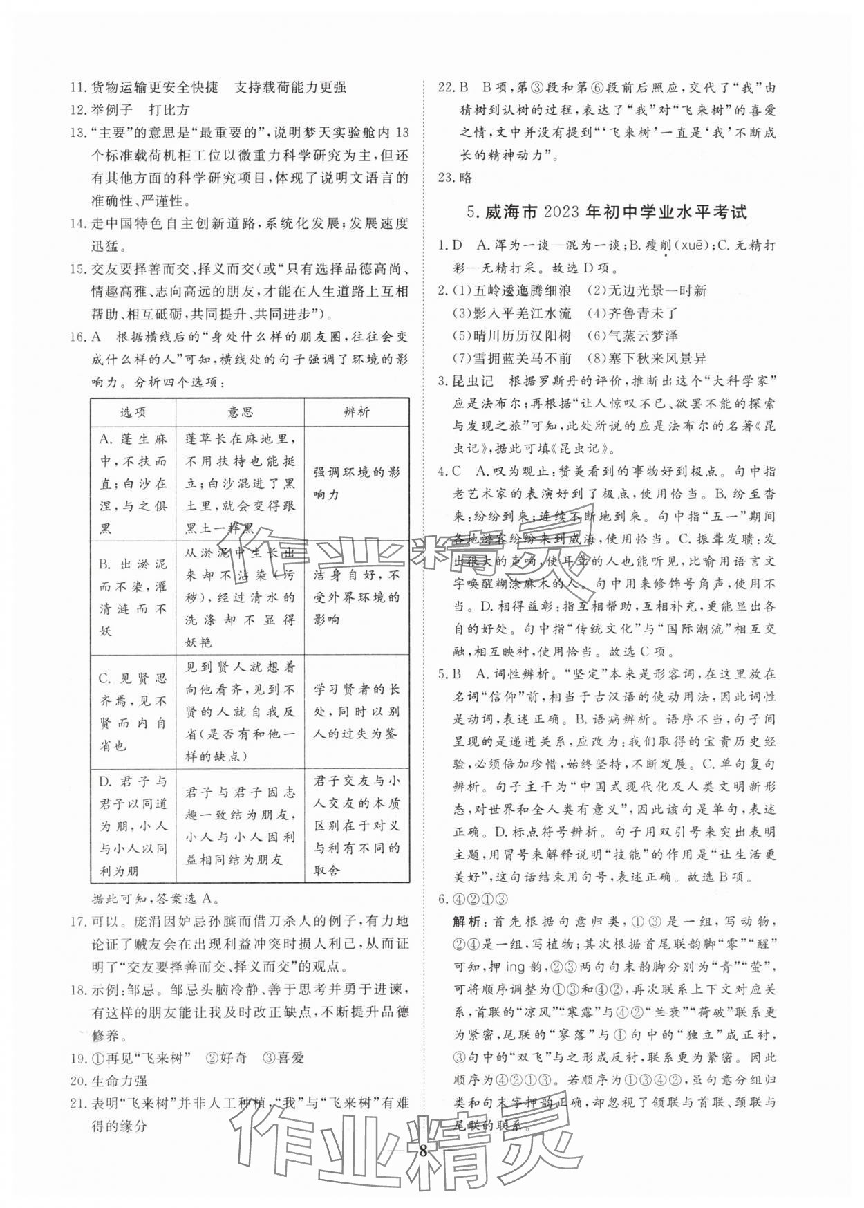 2024年風(fēng)向標(biāo)初中學(xué)業(yè)水平測試山東省各地市中考試題匯編語文 參考答案第8頁