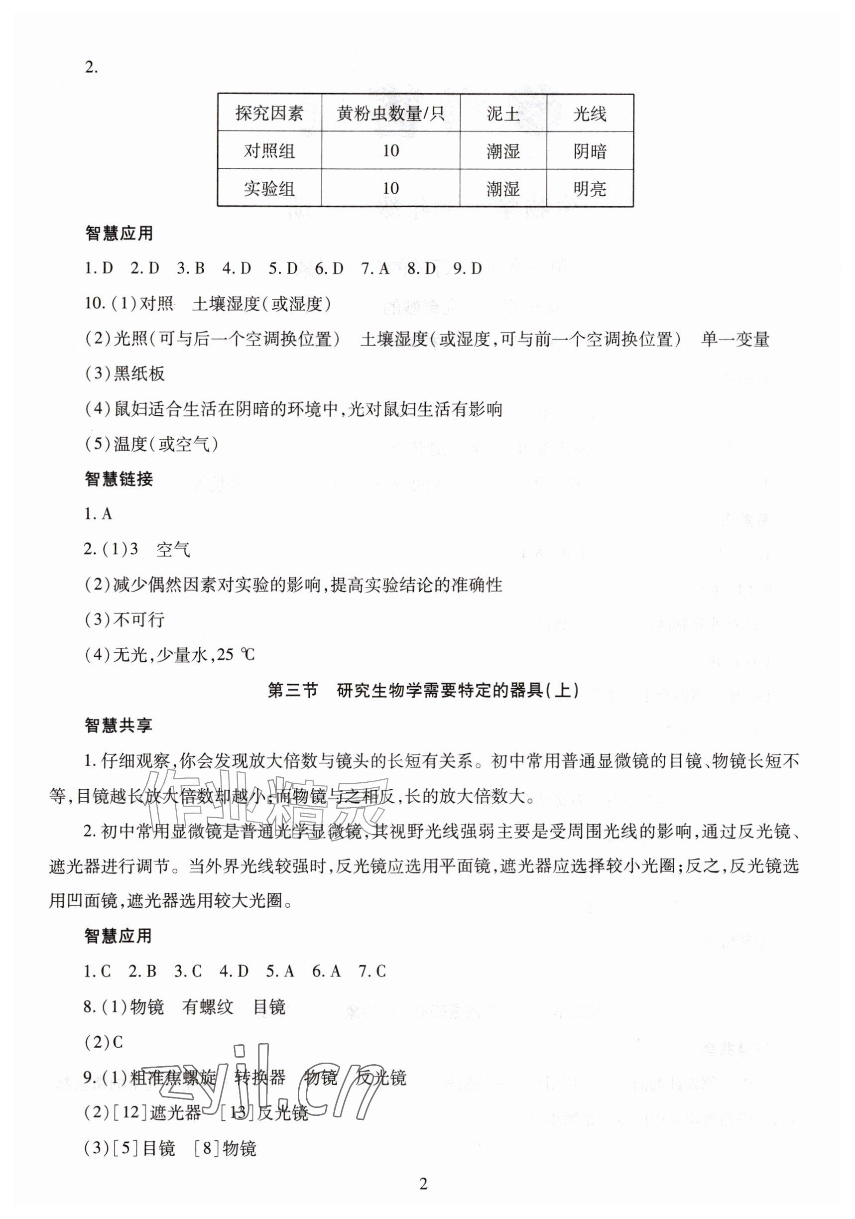 2026年智慧学习导学练七年级生物上册济南版&nbsp;参考答案第2页