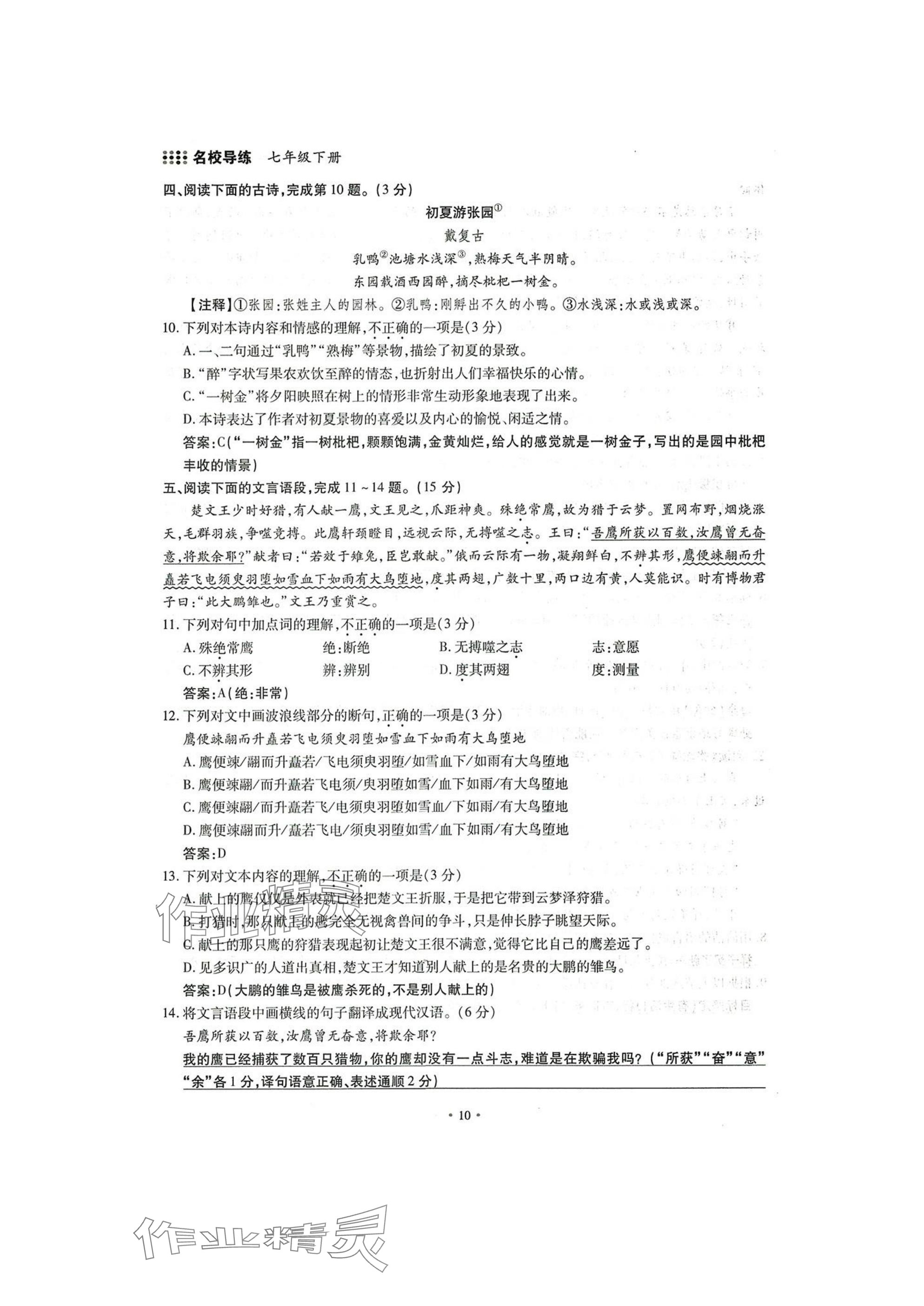 2025年名校导练七年级语文下册人教版 参考答案第10页