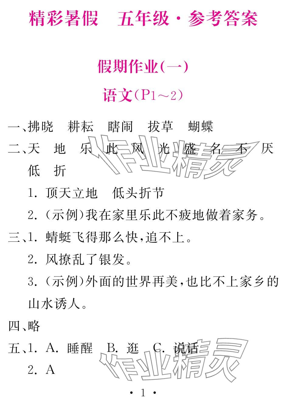 2024年天舟文化精彩暑假团结出版社五年级综合 参考答案第1页