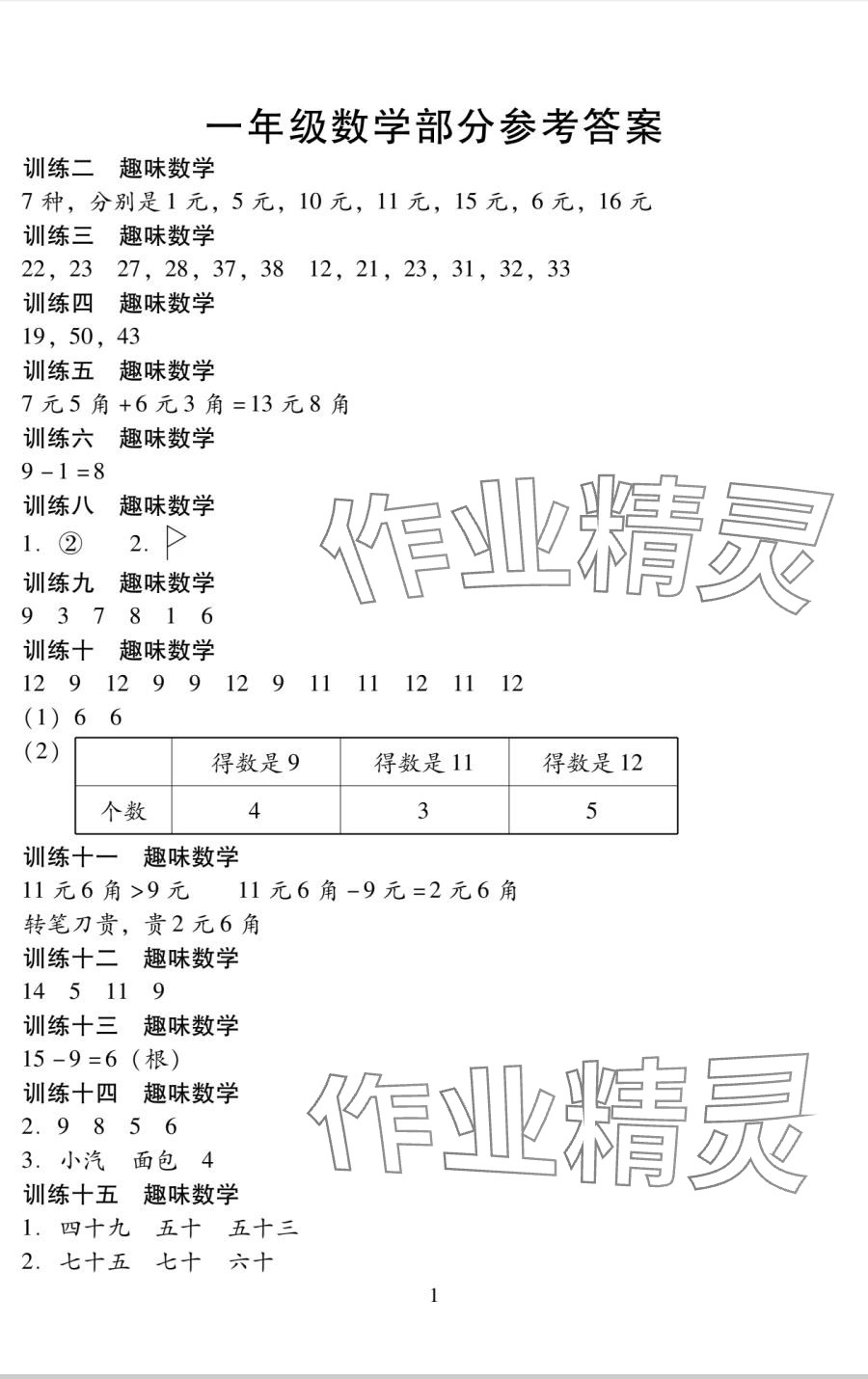 2025年暑假作业湘潭大学出版社一年级数学人教版 参考答案第1页