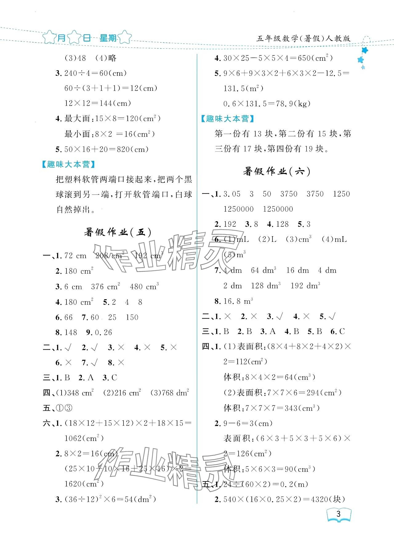 2024年阳光假日暑假五年级数学人教版 参考答案第3页