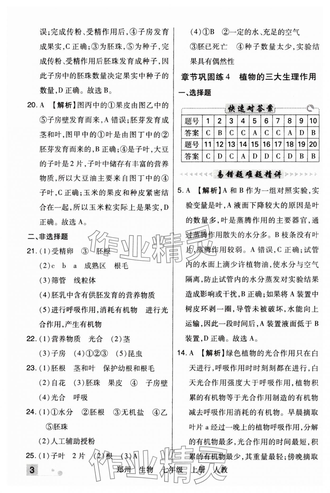 2024年期末考試必刷卷七年級(jí)生物上冊(cè)人教版鄭州專版 參考答案第3頁