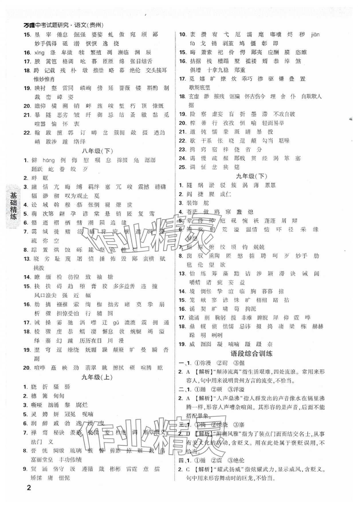 2025年萬唯中考試題研究語文貴州專版 參考答案第2頁