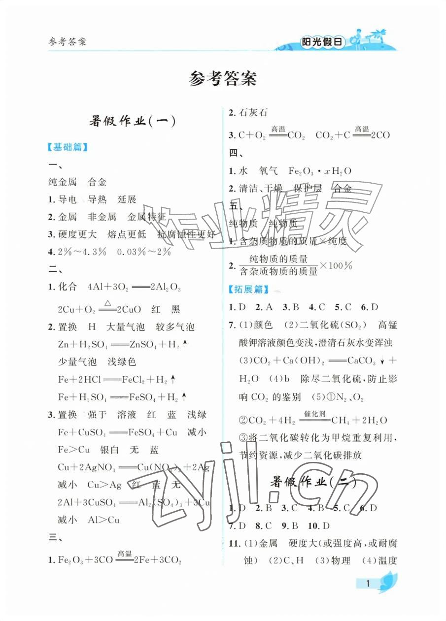 2026年阳光假日暑假九年级化学人教版&nbsp;参考答案第1页