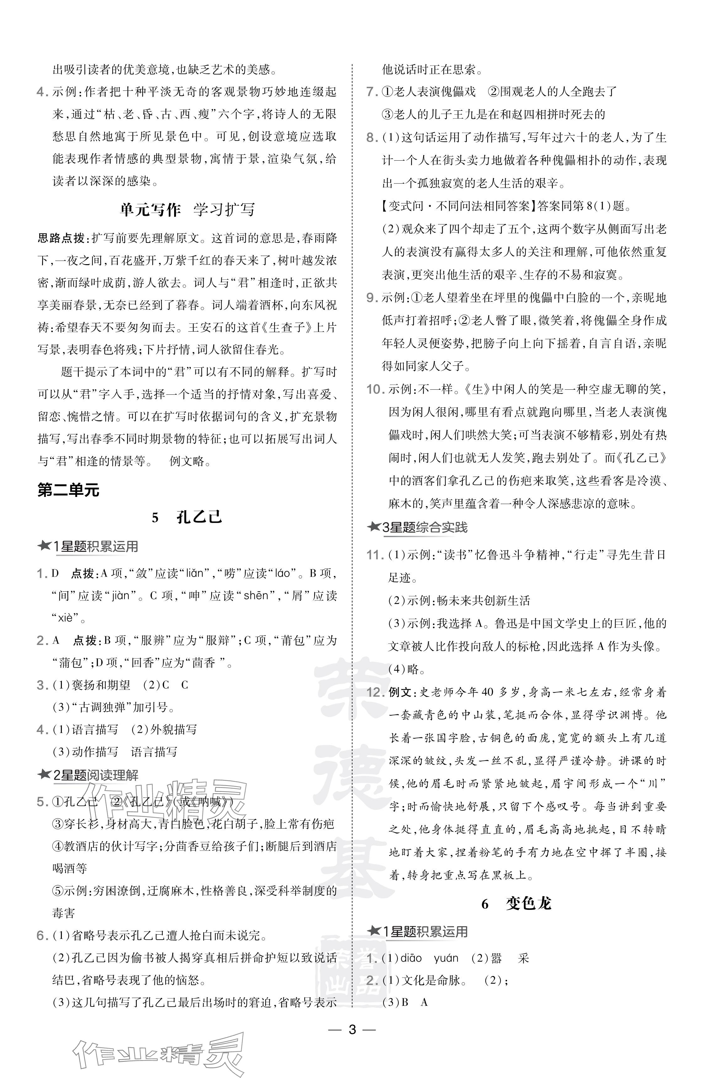 2024年點撥訓練九年級語文下冊人教版陜西專版 參考答案第3頁