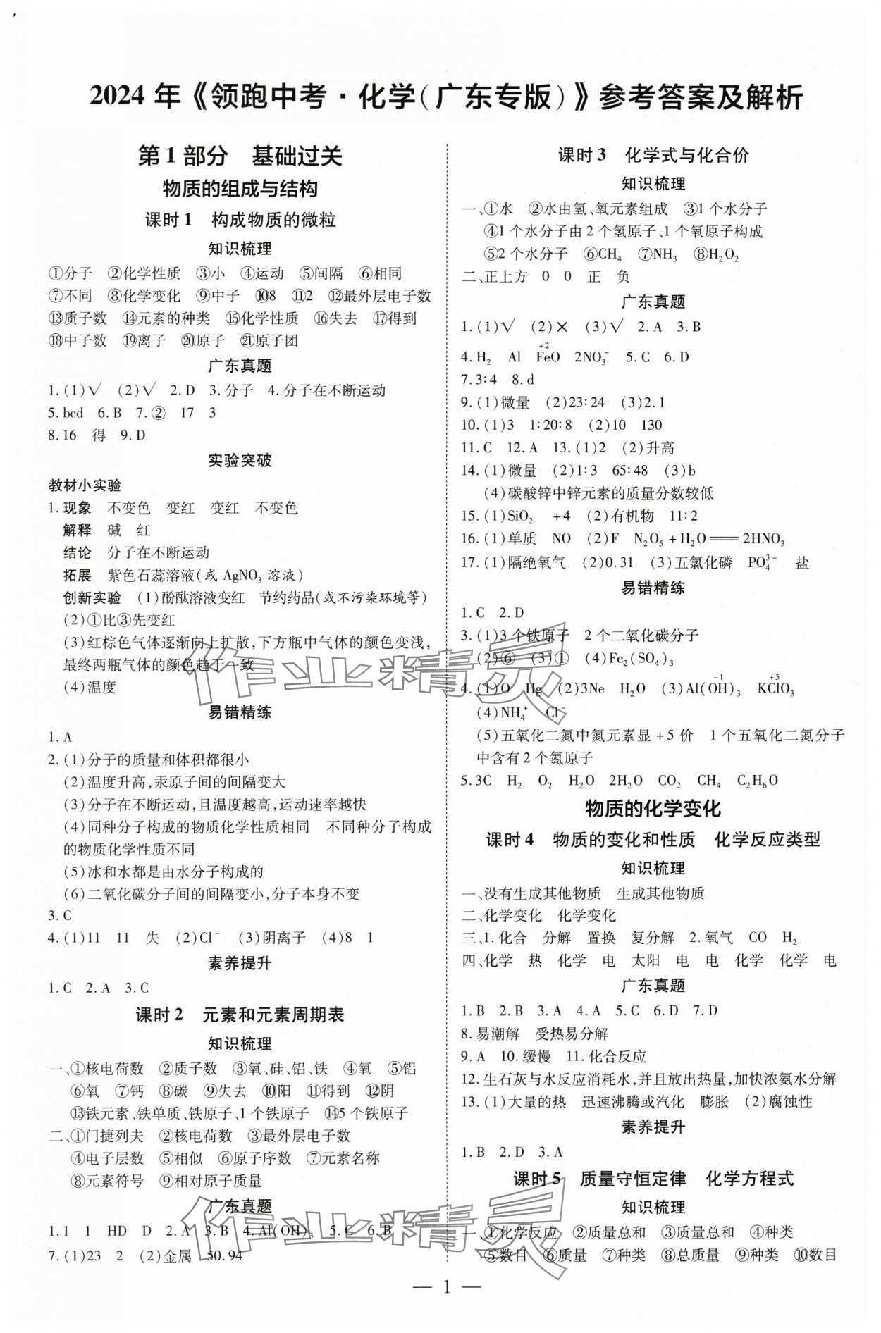 2024年領跑中考化學廣東專版 參考答案第1頁