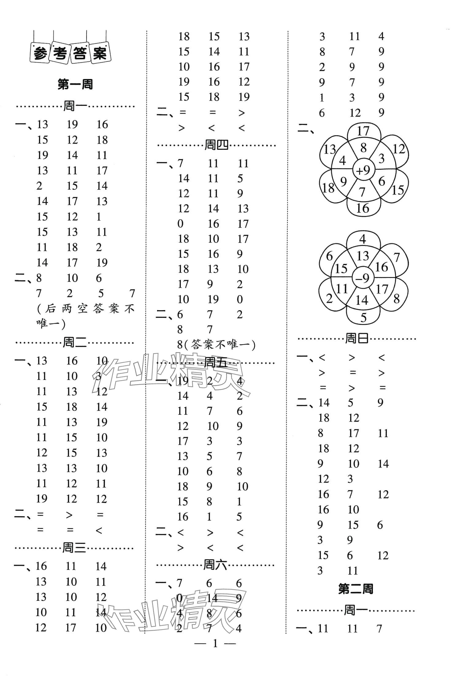 2024年經(jīng)綸學典計算小能手一年級數(shù)學下冊人教版 第1頁