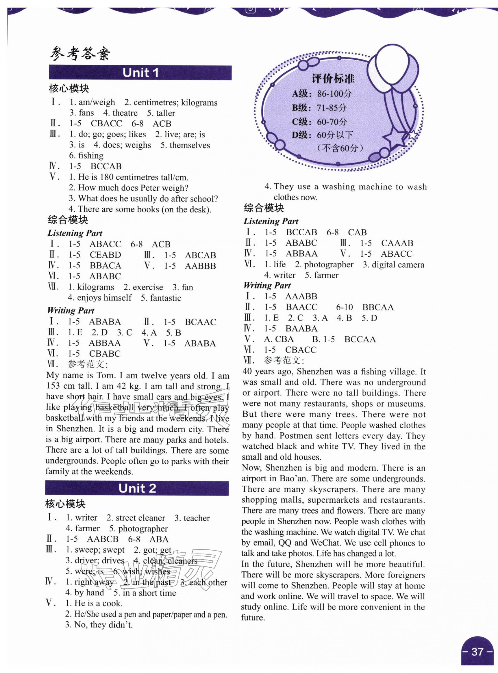 2026年深圳市小学英语课堂跟踪六年级下册沪教版&nbsp;参考答案第1页