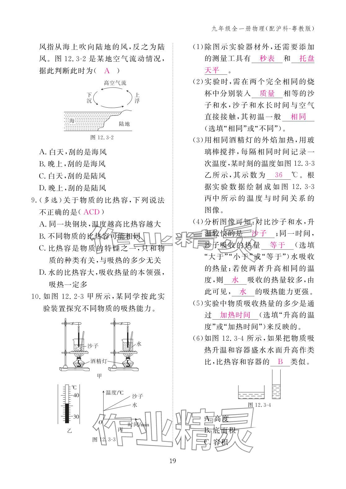 2025年作业本江西教育出版社九年级物理全一册沪粤版 参考答案第19页