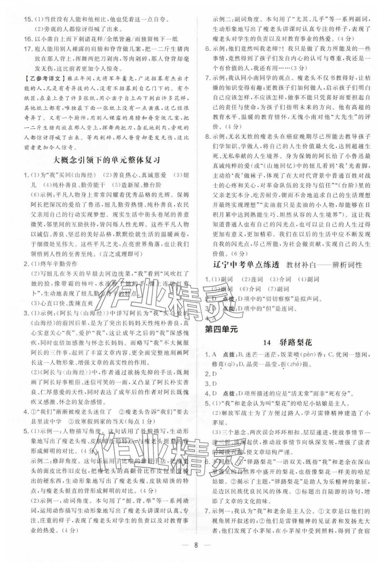 2025年點撥訓(xùn)練七年級語文下冊人教版遼寧專版&nbsp;參考答案第8頁