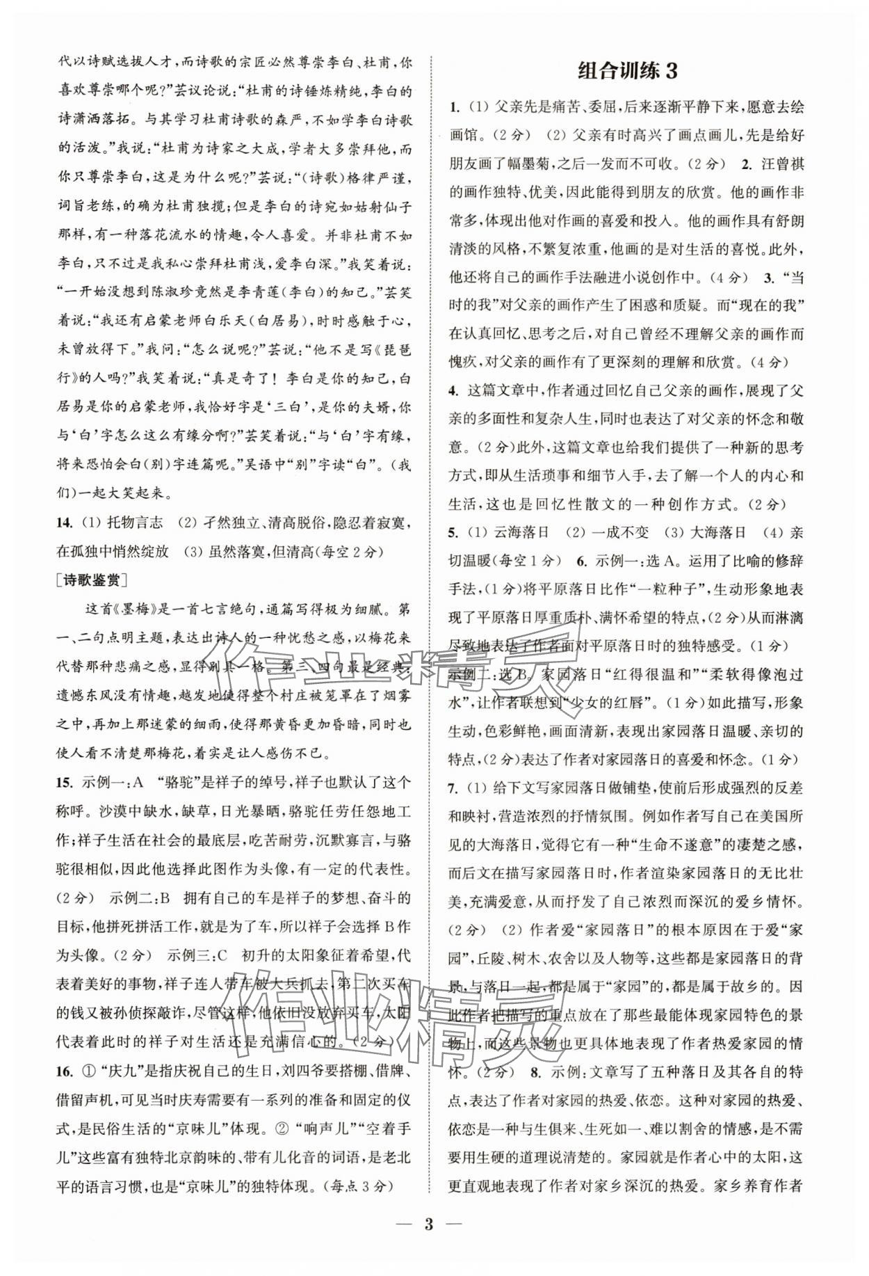 2024年通城學典初中語文閱讀組合訓練七年級語文下冊人教版浙江專版 參考答案第3頁