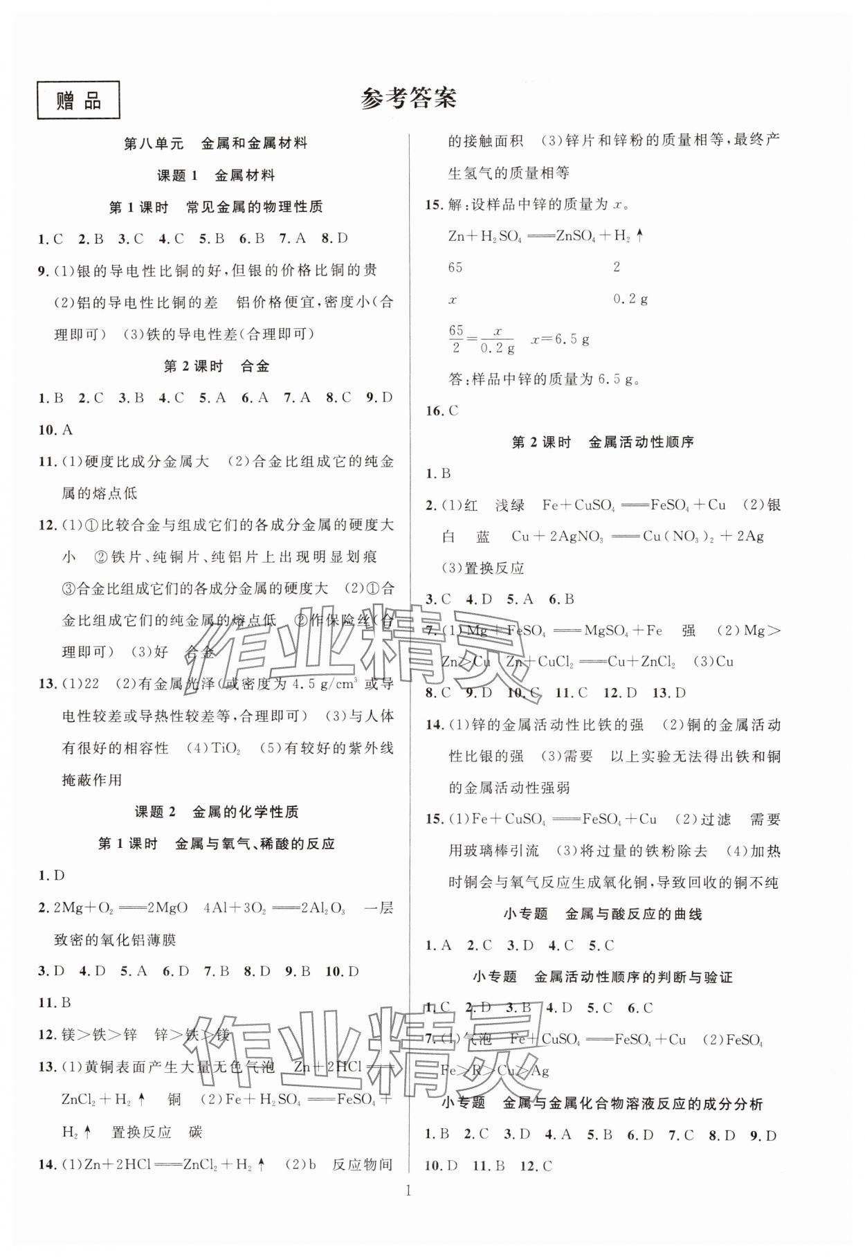 2025年课时夺冠九年级化学下册人教版 参考答案第1页