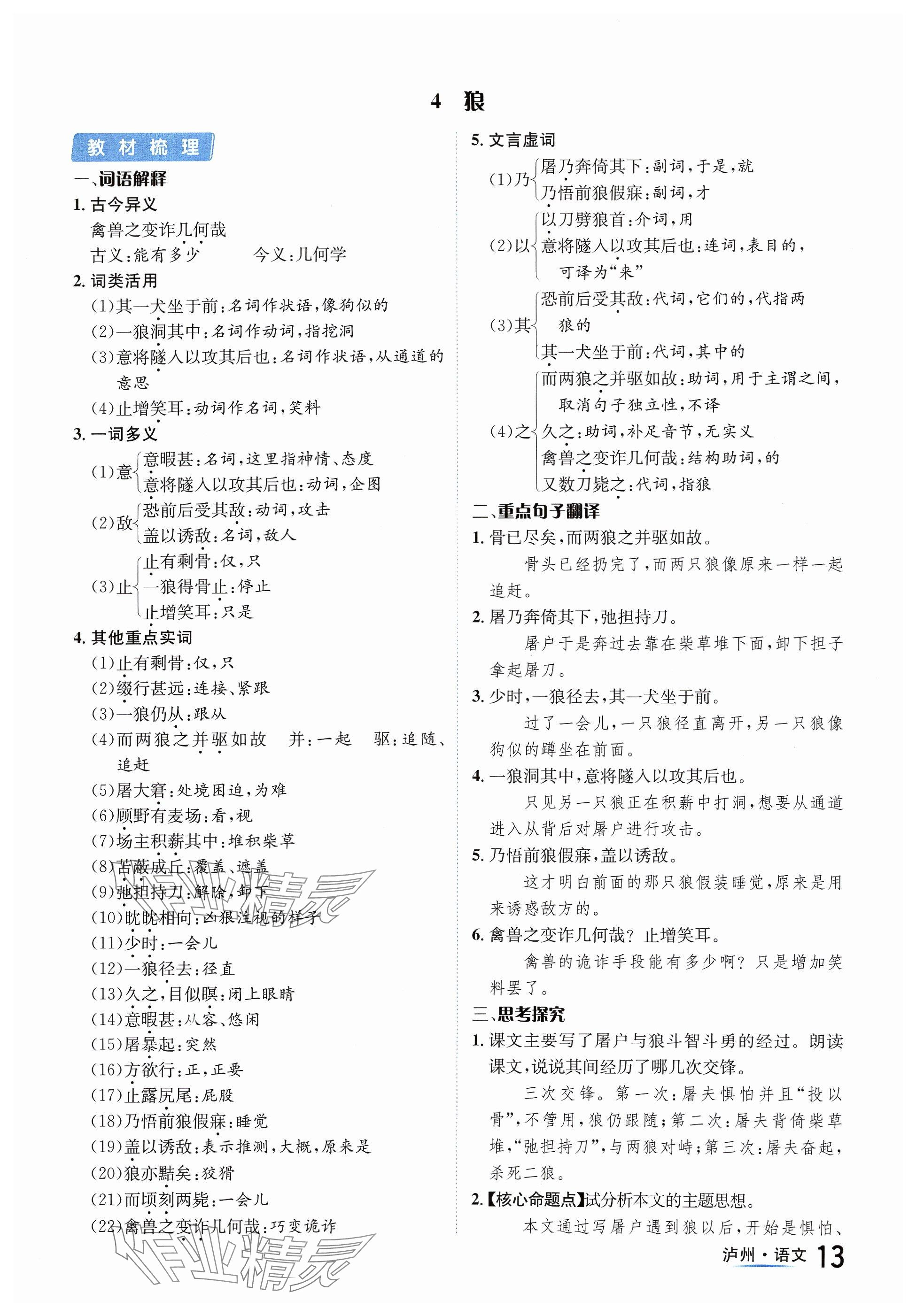 2024年国华考试中考总动员语文泸州专版 参考答案第13页