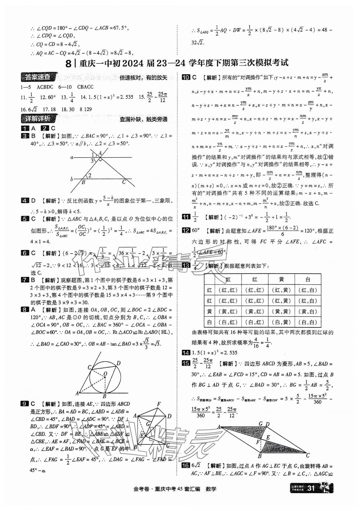 2025年金考卷中考45套匯編數(shù)學(xué)重慶專版 參考答案第31頁