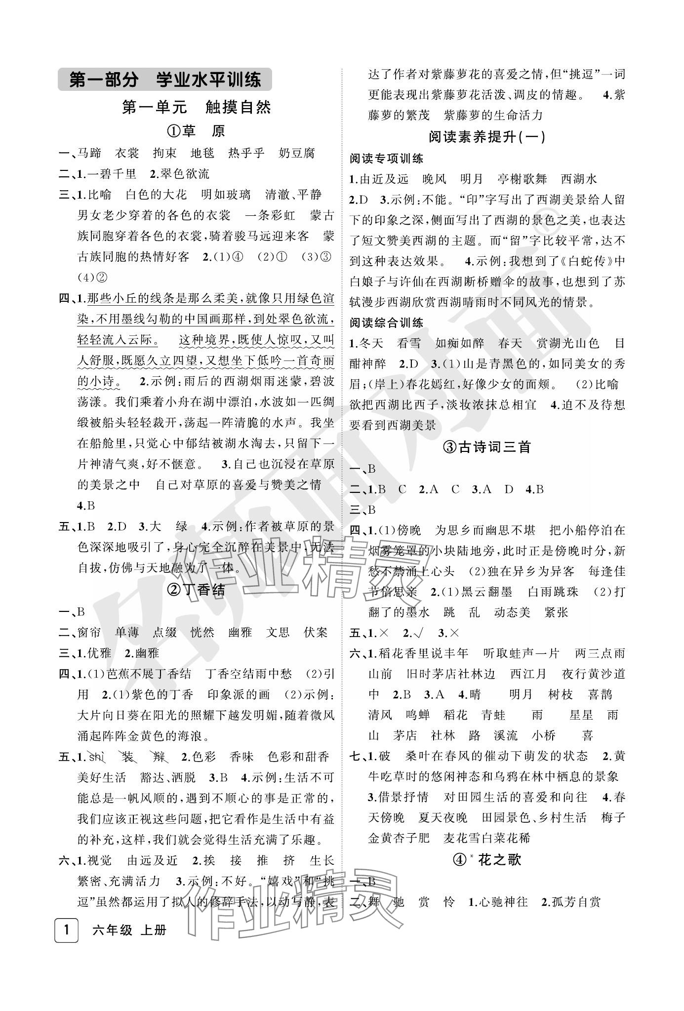 2023年名師面對面先學后練六年級語文上冊人教版評議教輔 參考答案第1頁