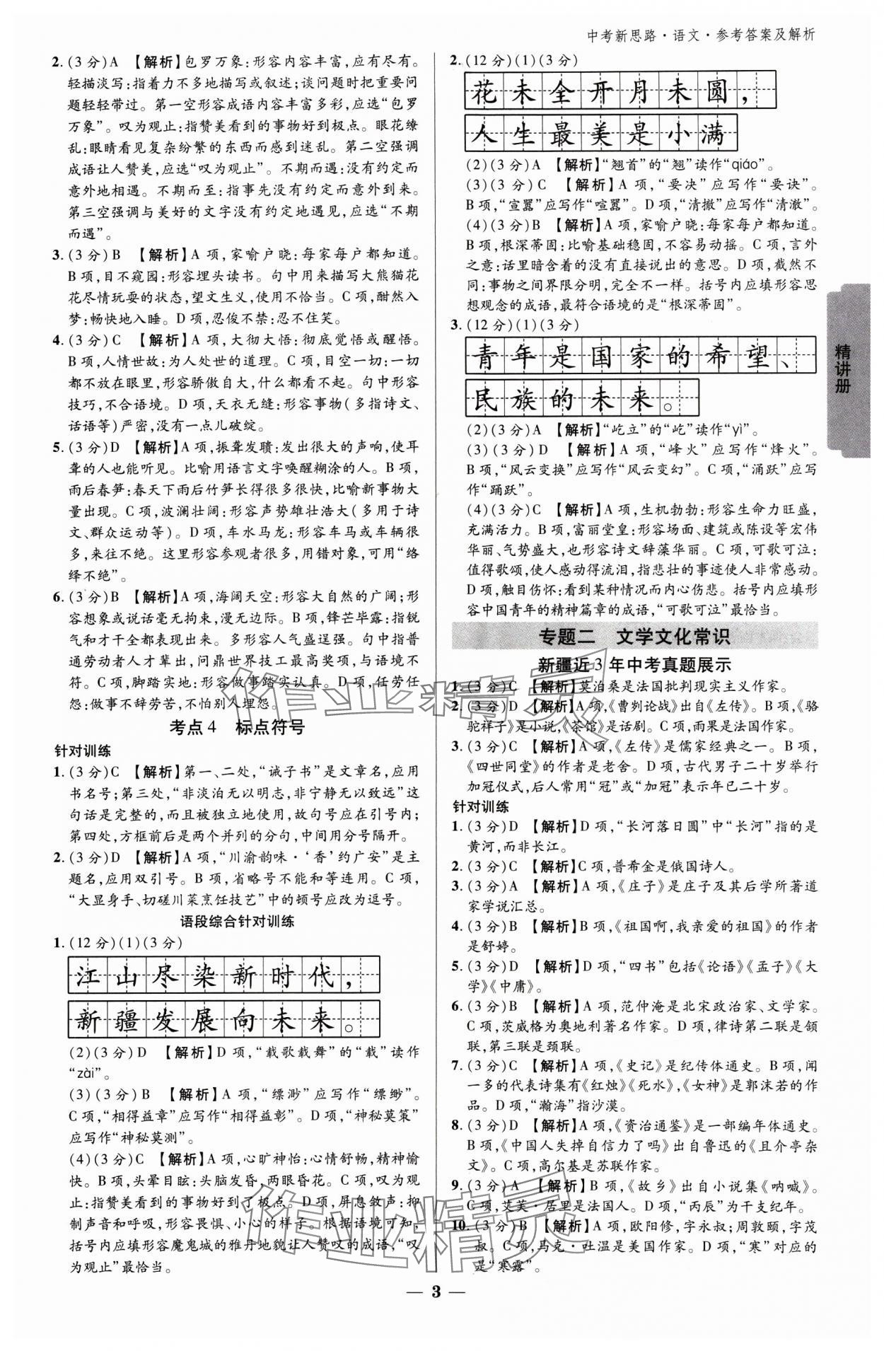 2025年中考新思路語文新疆專版 參考答案第2頁