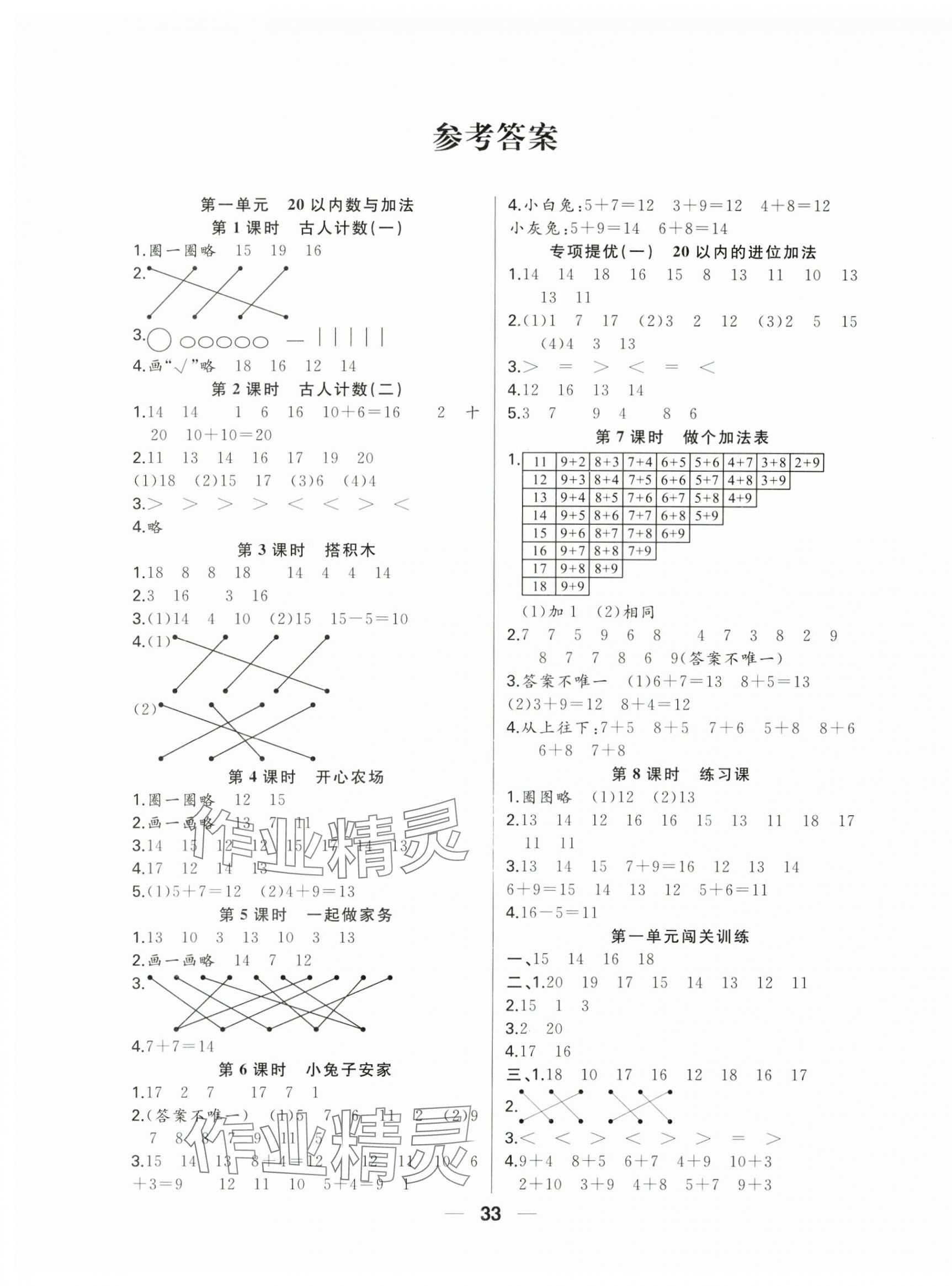 2025年優(yōu)等生全優(yōu)計(jì)劃一年級(jí)數(shù)學(xué)下冊(cè)北師大版 參考答案第1頁(yè)