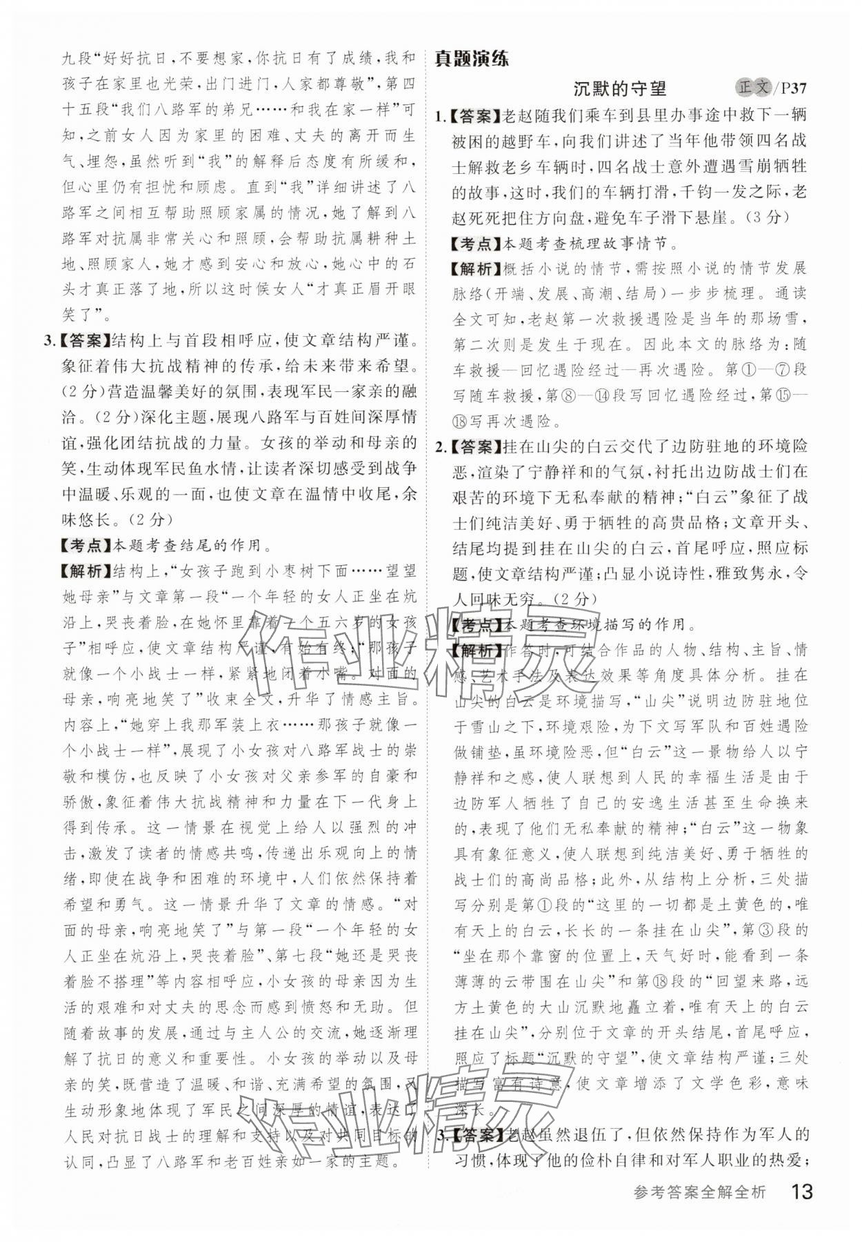 2025年品学优现代文阅读训练九年级语文&nbsp;参考答案第13页