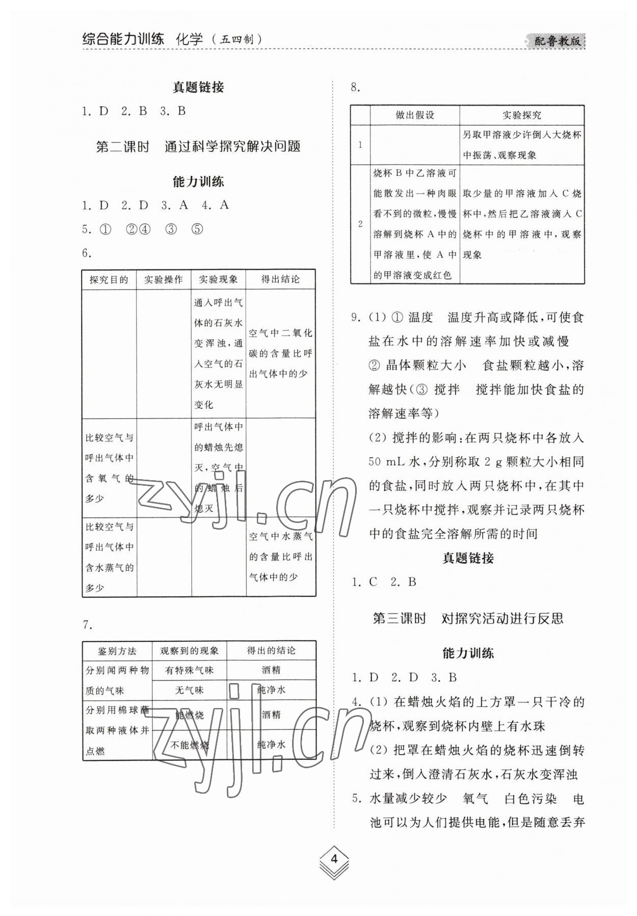 2023年綜合能力訓練八年級化學上冊魯教版54制 參考答案第3頁